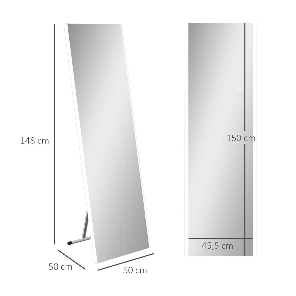 HOMCOM Miroir sur pied ou mural rectangulaire grande taille LED tactile dim. 50L x 50l x 148H cm verre métal blanc