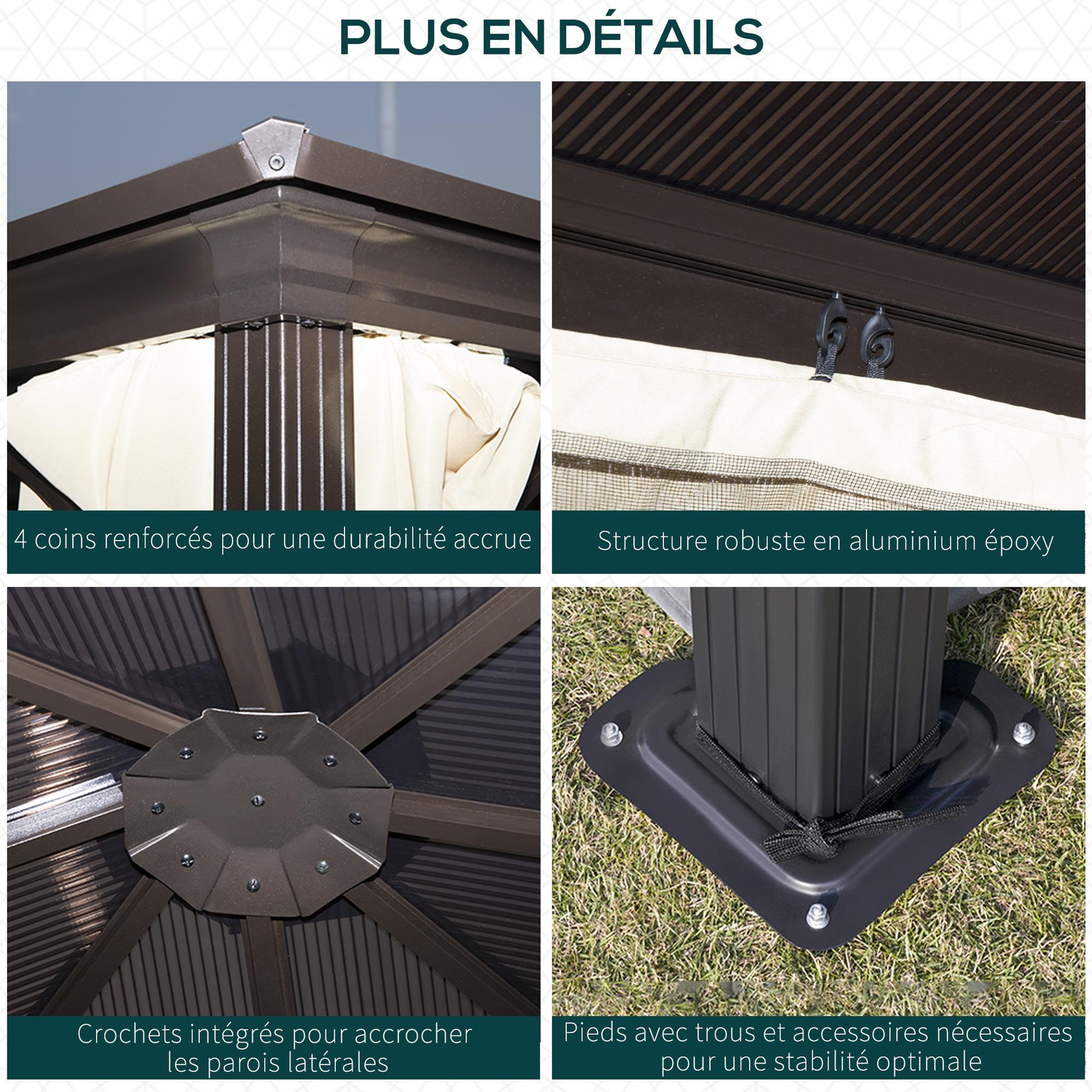 Voir la diapositive 6 : OUTSUNNY Tonnelle pavillon de jardin imperméable 4 parois latérales anti-UV 4 moustiquaires panneaux polycarbonate alu 3L x 3l x 2,6H m chocolat beige