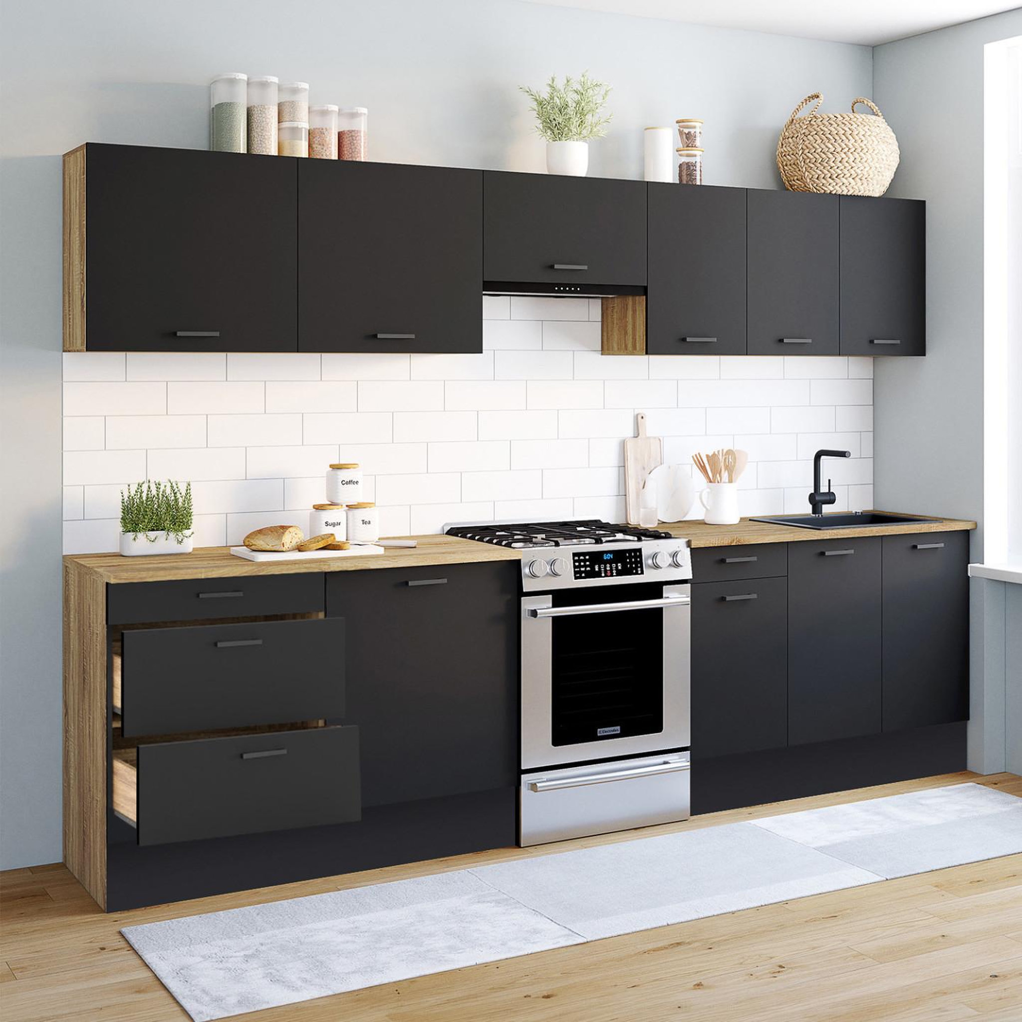 Voir la diapositive 2 : ID MARKET Cuisine complète casserolier 300 cm subtil avec plan de travail 9 éléments bois et noir