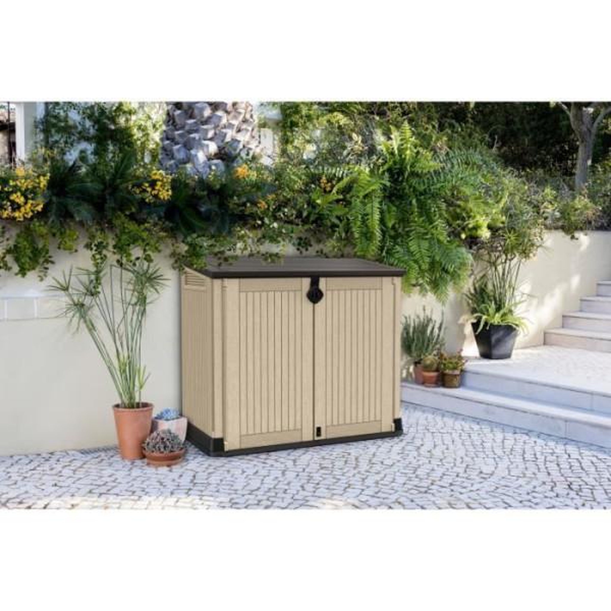 Voir la diapositive 3 : Keter Coffre de rangement extérieur KETER en résine 880 litres Beige et marron- Malle de jardin sans vérins