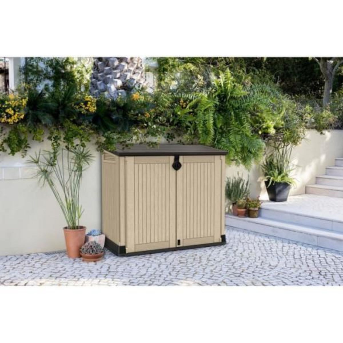 Keter Coffre de rangement extérieur KETER en résine 880 litres Beige et marron- Malle de jardin sans vérins