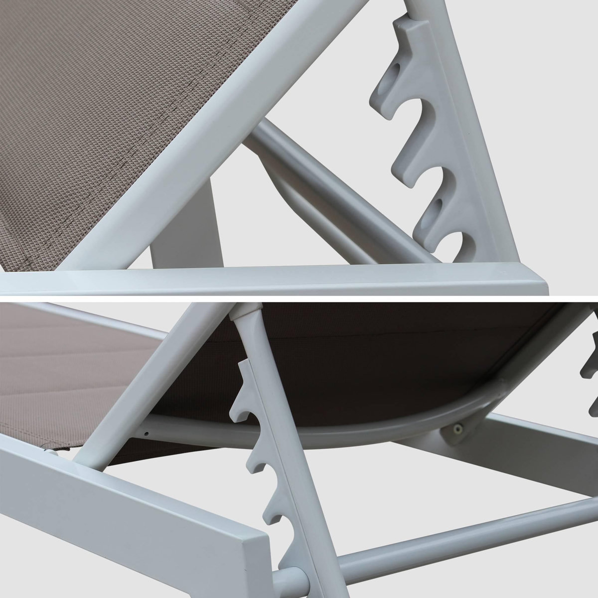 SWEEEK bain de soleil - Solis - Transat textilène matelassé et aluminium 6 positions. structure blanche. textilène taupe