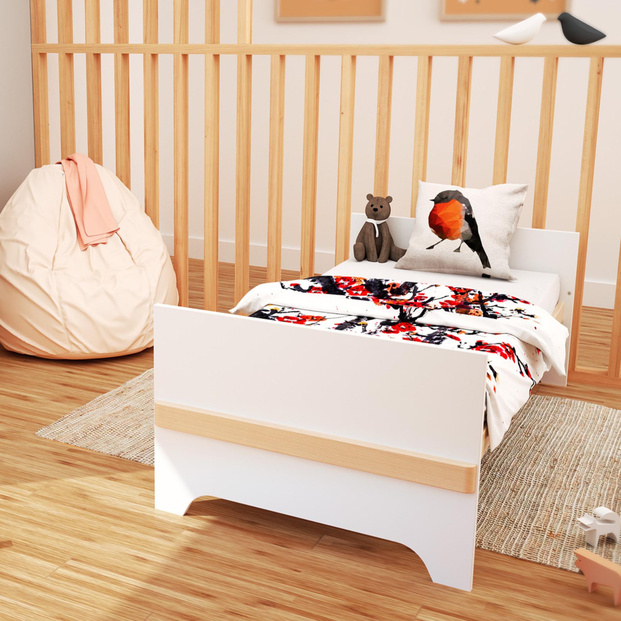 Voir la diapositive 3 : JURABABY Lit bébé évolutif en bois carrousel blanc et hêtre verni 70 x 140 cm