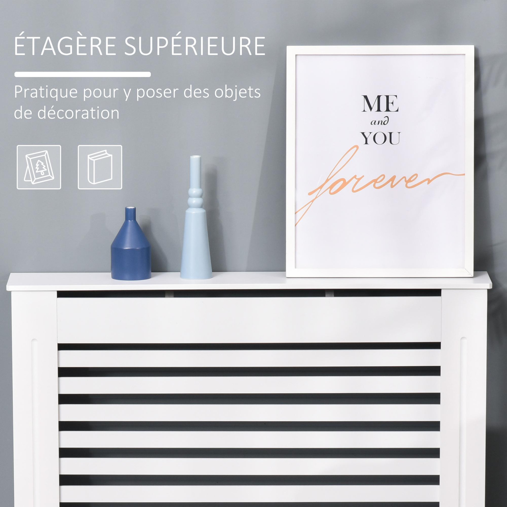Voir la diapositive 4 : HOMCOM Cache-radiateur design à lattes panneau cabinet dim. 112L x 19l x 81H cm MDF blanc