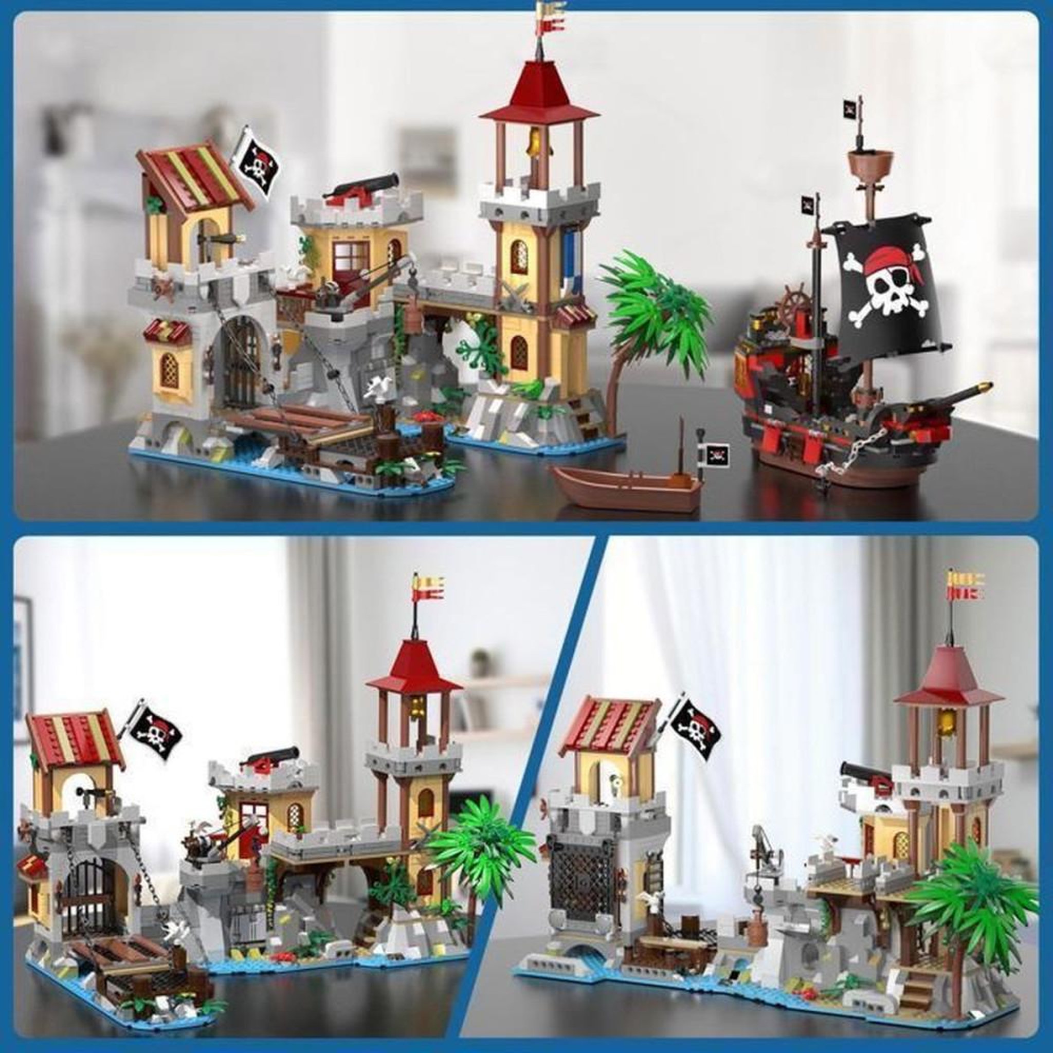 Voir la diapositive 5 : Jeu de construction pirate Château avec LEDs 1502 pièces, navire, tour de guet, pont-levis et grue rotative, 3 configurations