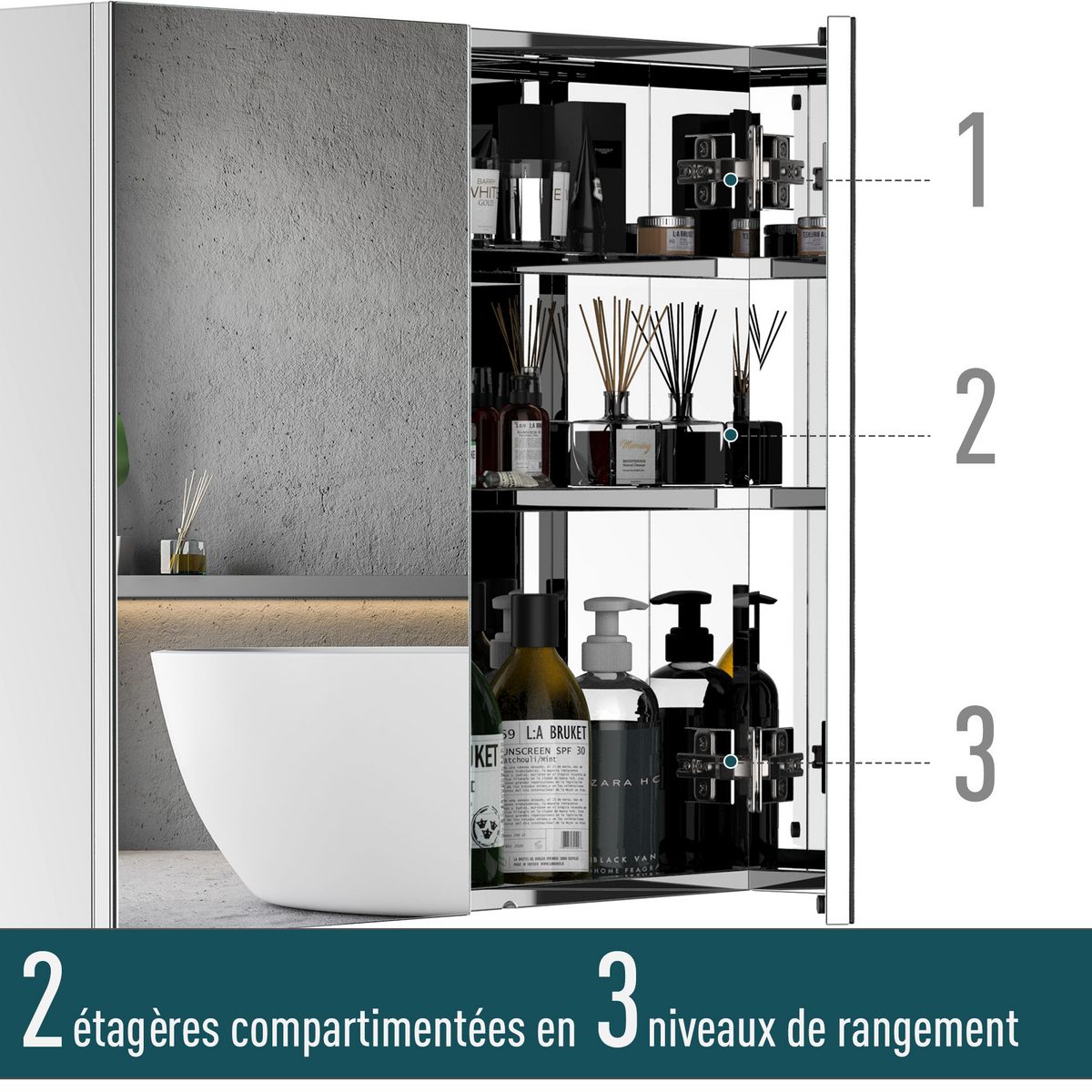 HOMCOM Armoire miroir rangement toilette salle de bain meuble mural dim. 60L x 12l x 55H cm acier inox.