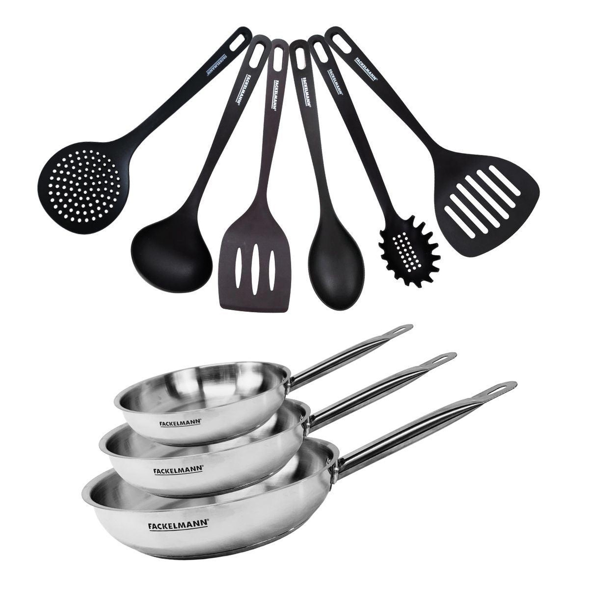 Fackelmann Set de 3 poêles 20 24 et 28 cm en inox et 6 ustensiles Fackelmann Eterna
