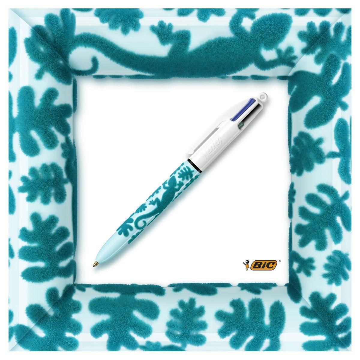 BIC Lot de 3 stylos bille 4 couleurs rétractable pointe moyenne Velours 1jaune/1bleu/1vert à motifs