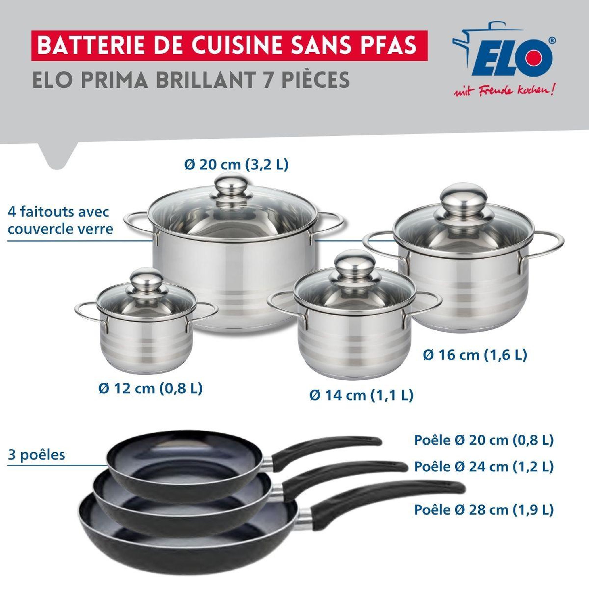 Voir la diapositive 2 : ELO Ensemble de 3 poêles de cuisson 20, 24 et 28 cm et 4 faitouts 12, 14, 16 et 20 cm elo prima brillant