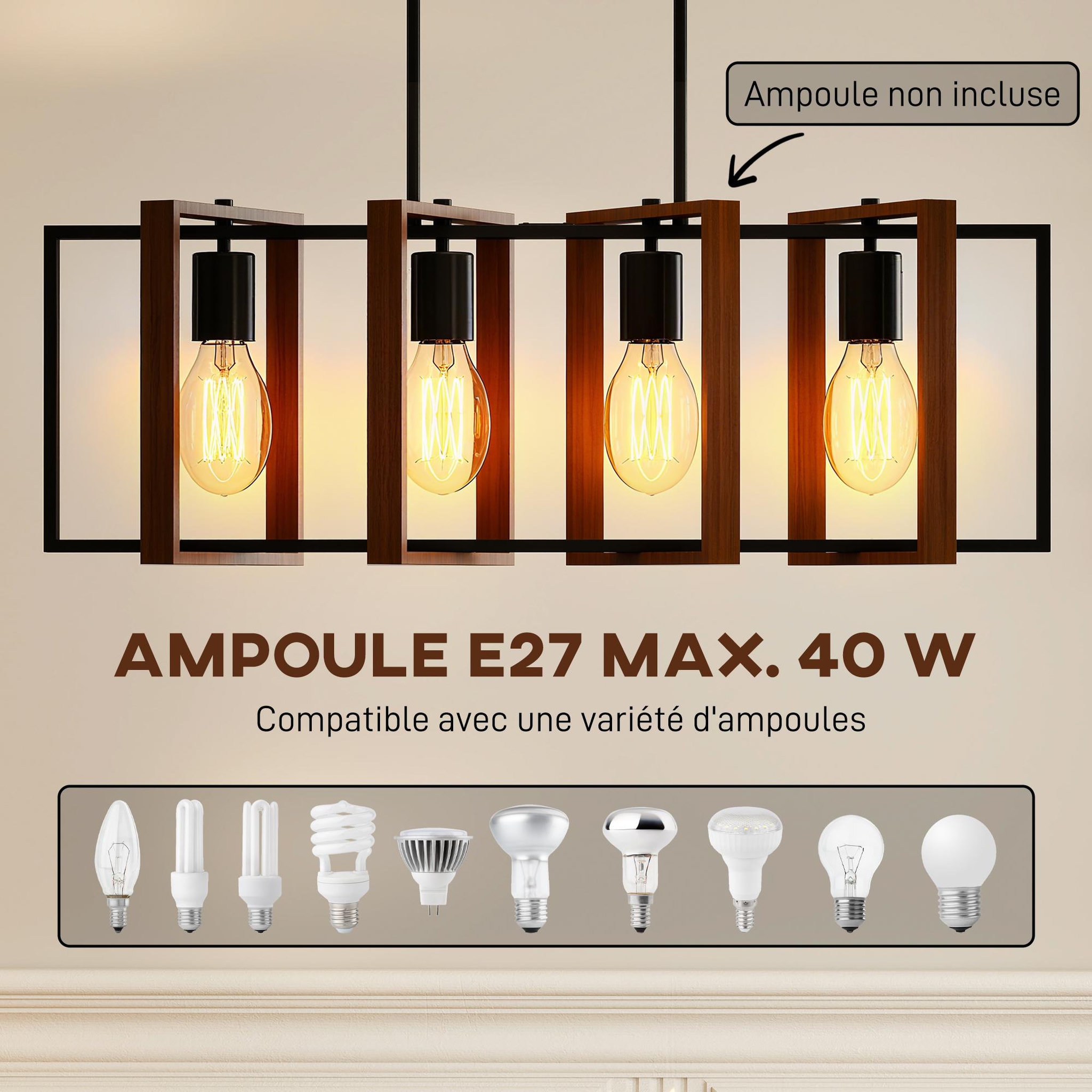 Voir la diapositive 5 : HOMCOM Suspension design 4 lumières cadres rotatifs - hauteur réglable - acier noir bois coloris noyer