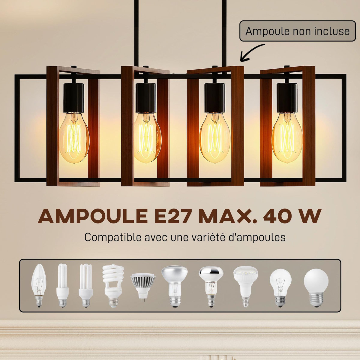 HOMCOM Suspension design 4 lumières cadres rotatifs - hauteur réglable - acier noir bois coloris noyer