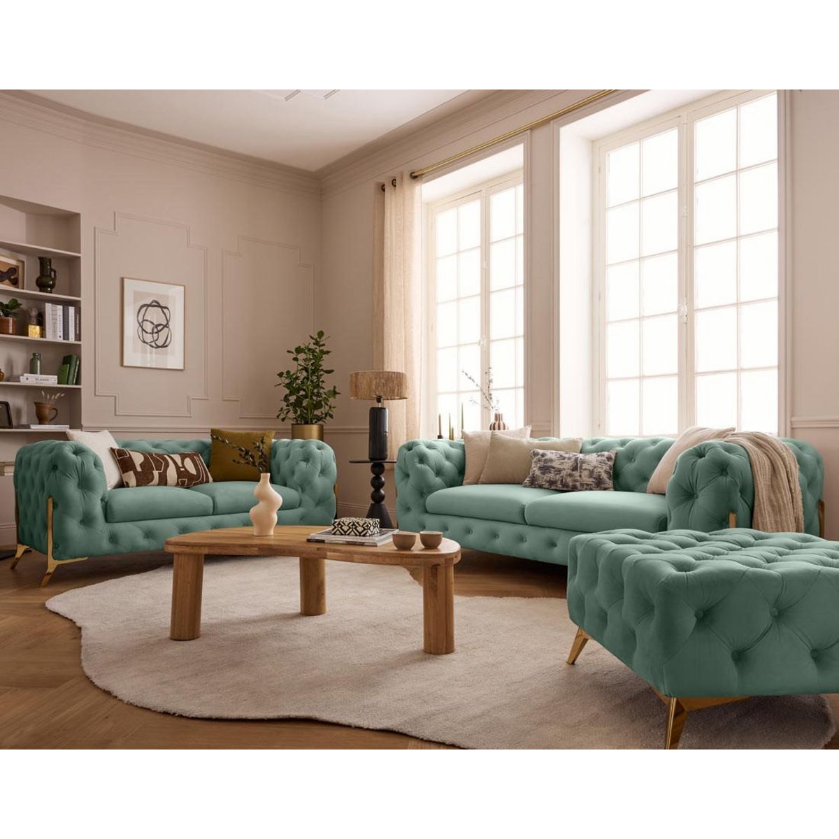 LISA DESIGN Camden - canapé 3 places chesterfield en velours - pieds en métal doré