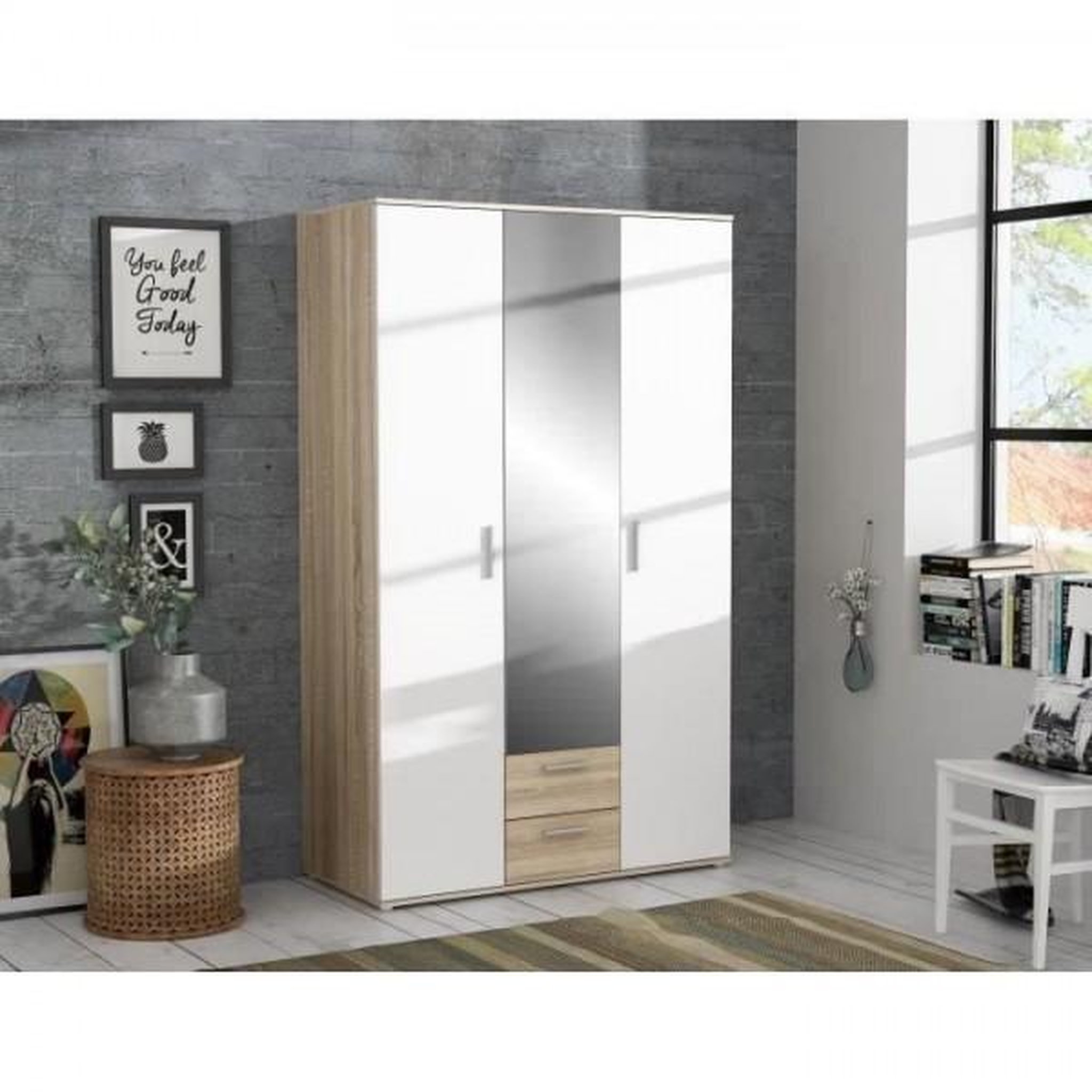 Voir la diapositive 2 : MARKET24 Armoire battante - Panneaux de particules - Blanc et chene - 3 portes et 2 tiroirs + miroir - L 121 x P 54 x H 200,1 cm - SELKEA