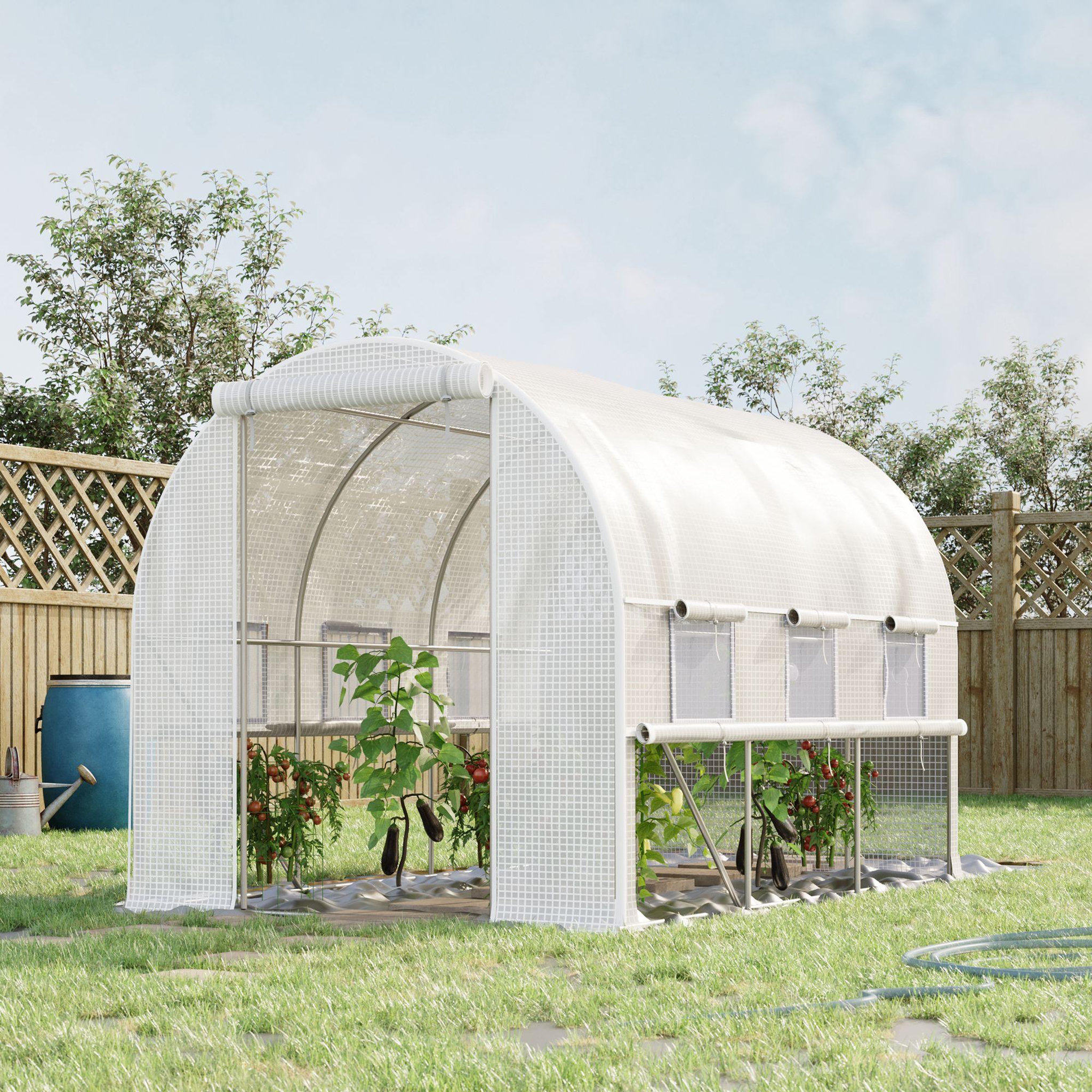 OUTSUNNY Serre de jardin tunnel 6 m² 6 fenêtres porte zippée acier galvanisé pe blanc