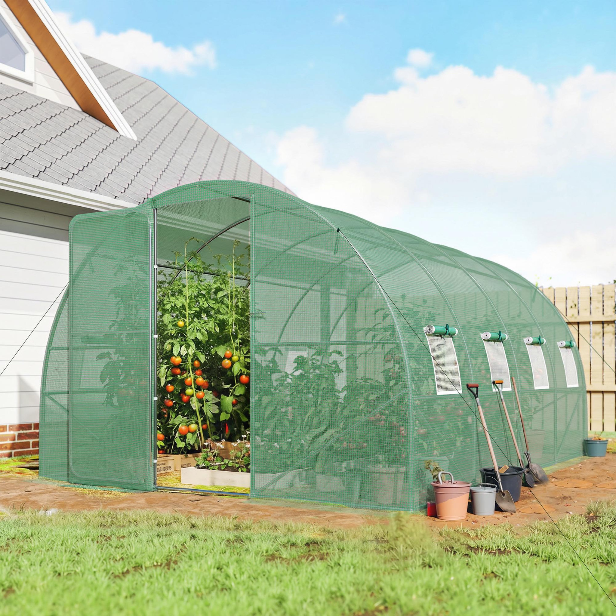 Voir la diapositive 6 : OUTSUNNY Serre tunnel de jardin - 12m², 295x400x200cm - porte et 8 fenêtres - bâche pe haute densité 140 g/m² - pour extérieur - vert