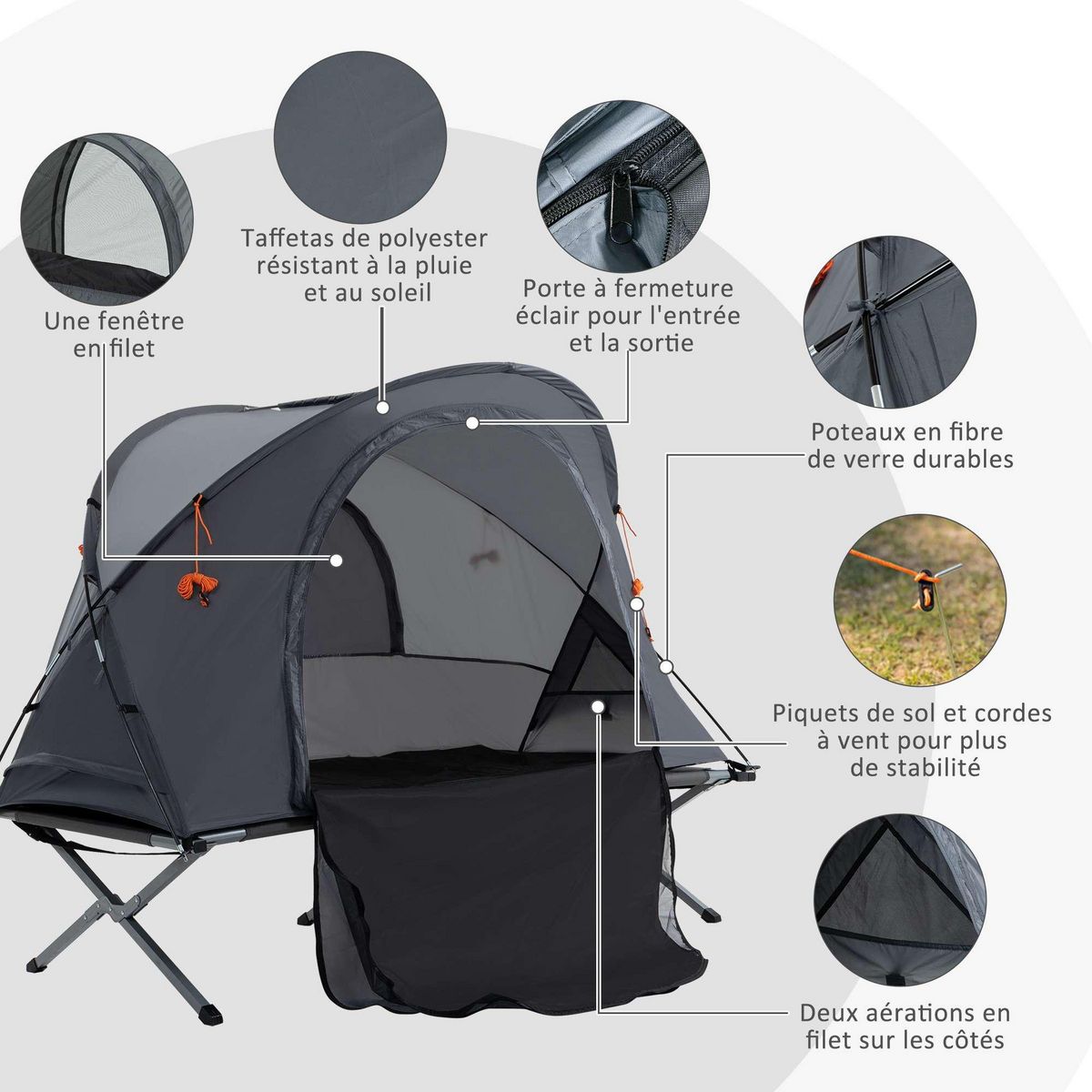 OUTSUNNY Ensemble tente de camping 3 en 1 avec lit de camp, tente, matelas gonflable gris