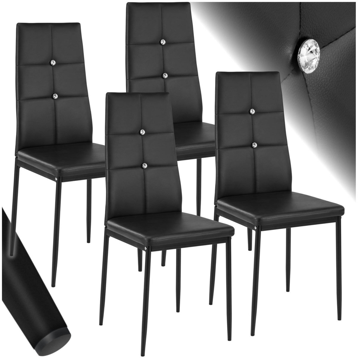 tectake Ensemble de chaises de salle à manger rembourré avec revêtement aspect cuir noir Lot de 4