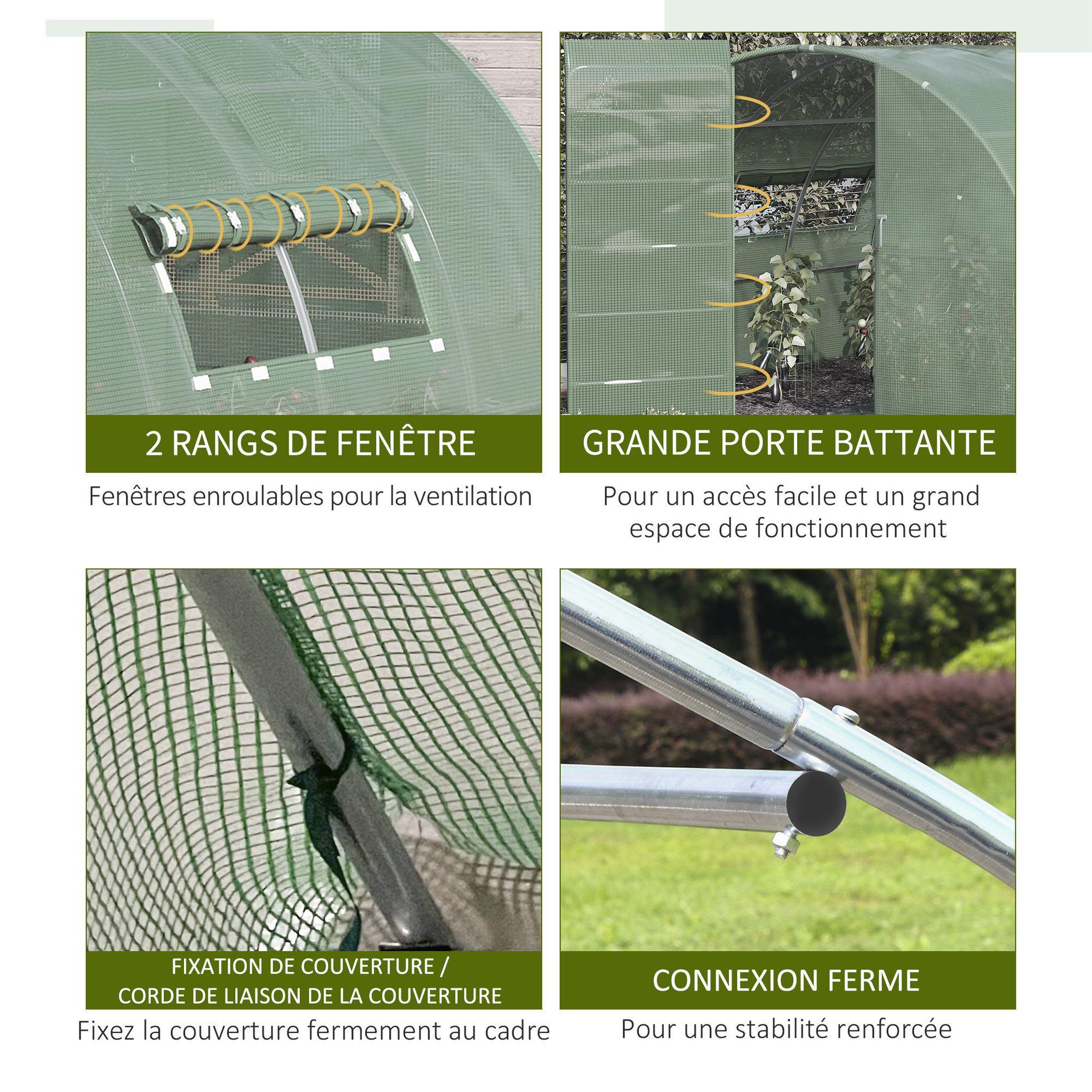 Voir la diapositive 6 : OUTSUNNY Serre de jardin tunnel 11 m² acier galvanisé renforcé diamètre 2,4 cm + PE haute densité fenêtres porte vert