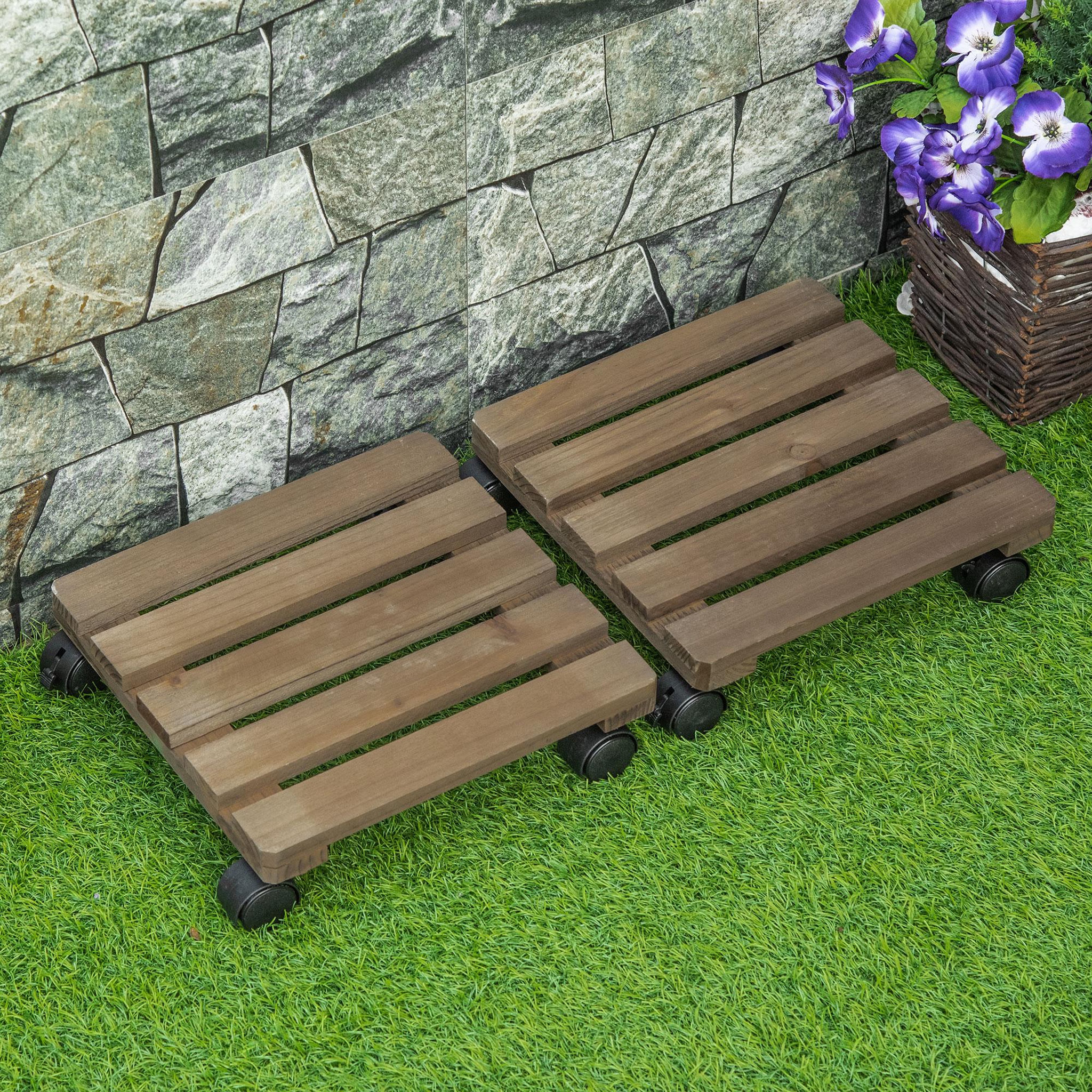 Voir la diapositive 2 : OUTSUNNY Porte plante à roulettes - support de pots de fleurs à roulettes - lot de 2 - bois sapin pré-huilé