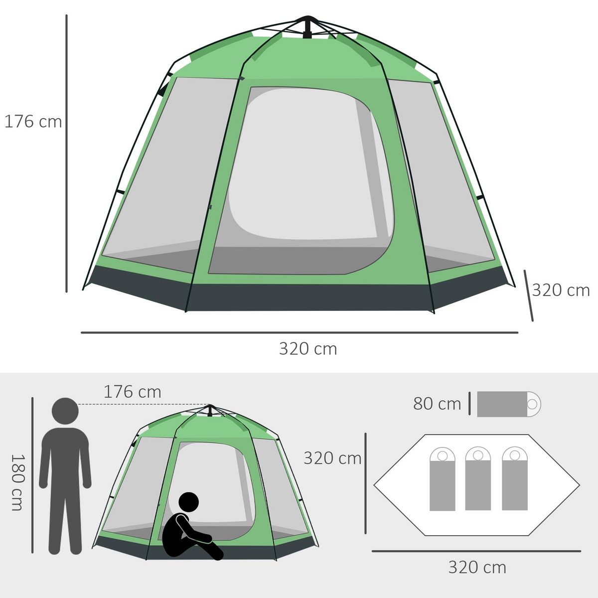 OUTSUNNY Tente de camping familiale 6 personnes montage instantanée Pop-up 4 fenêtres 2 portes dim. 320L x 320l x 176H cm fibre verre polyester vert gris