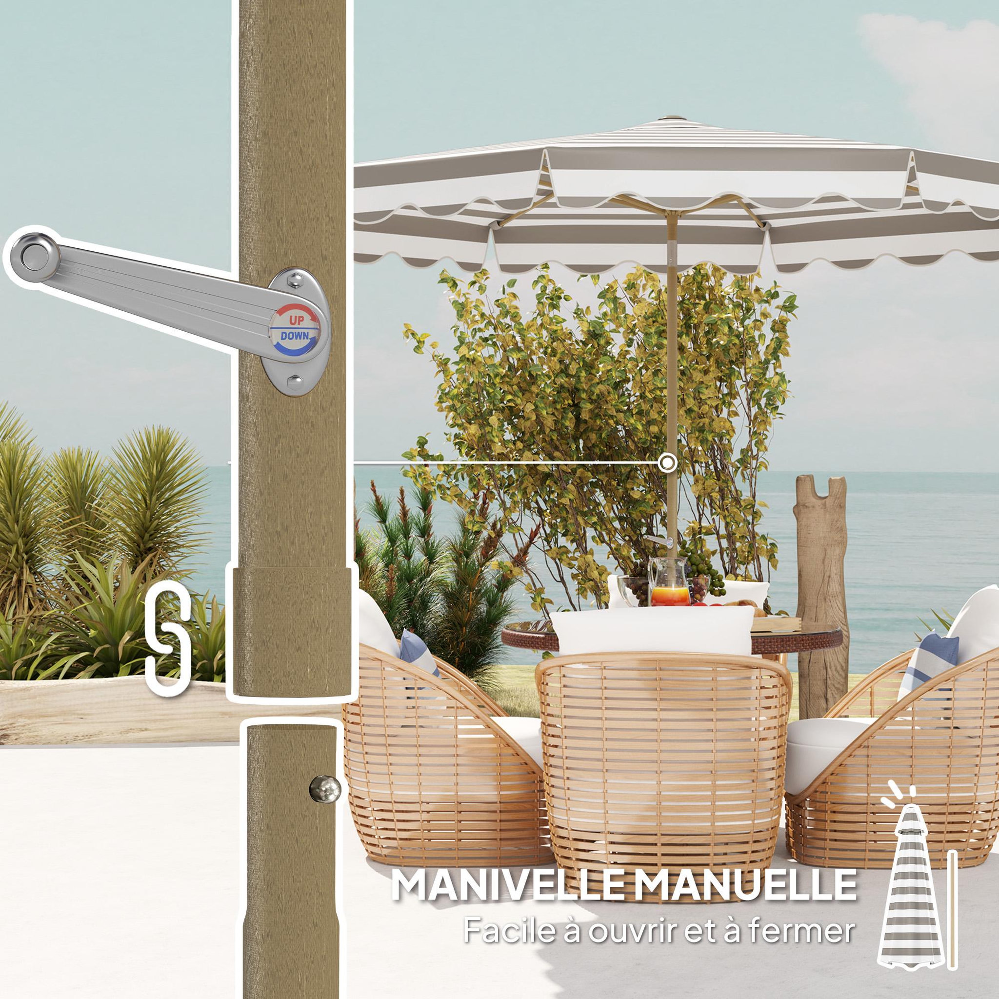Voir la diapositive 4 : OUTSUNNY Parasol de jardin inclinable octogonal dim.2,7 x 2,4m manivelle métal effet bois tissu UPF 50+ gris taupe blanc