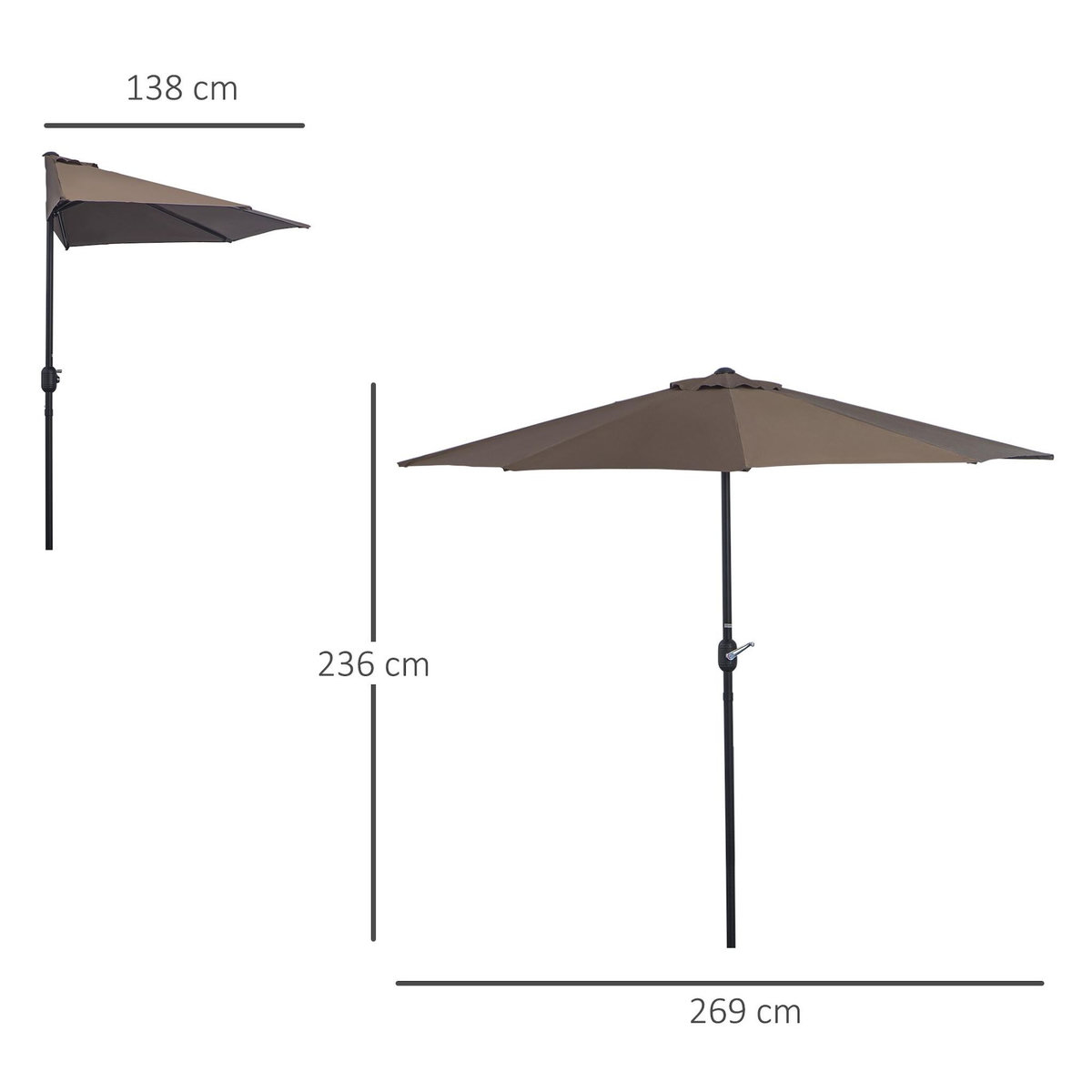 OUTSUNNY Demi parasol - parasol de balcon 5 entretoises métal polyester 2,69L x 1,38l x 2,36H m chocolat