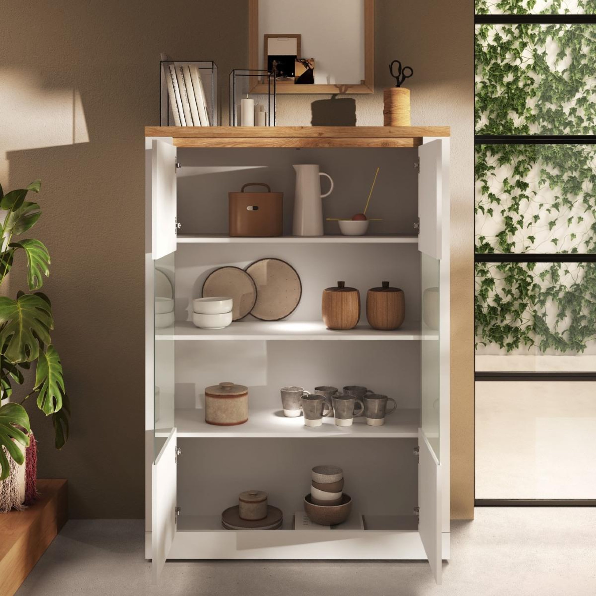 Voir la diapositive 4 : JLC KREATION Vitrine moderne 2 portes laqué blanc et bois + led ARIA