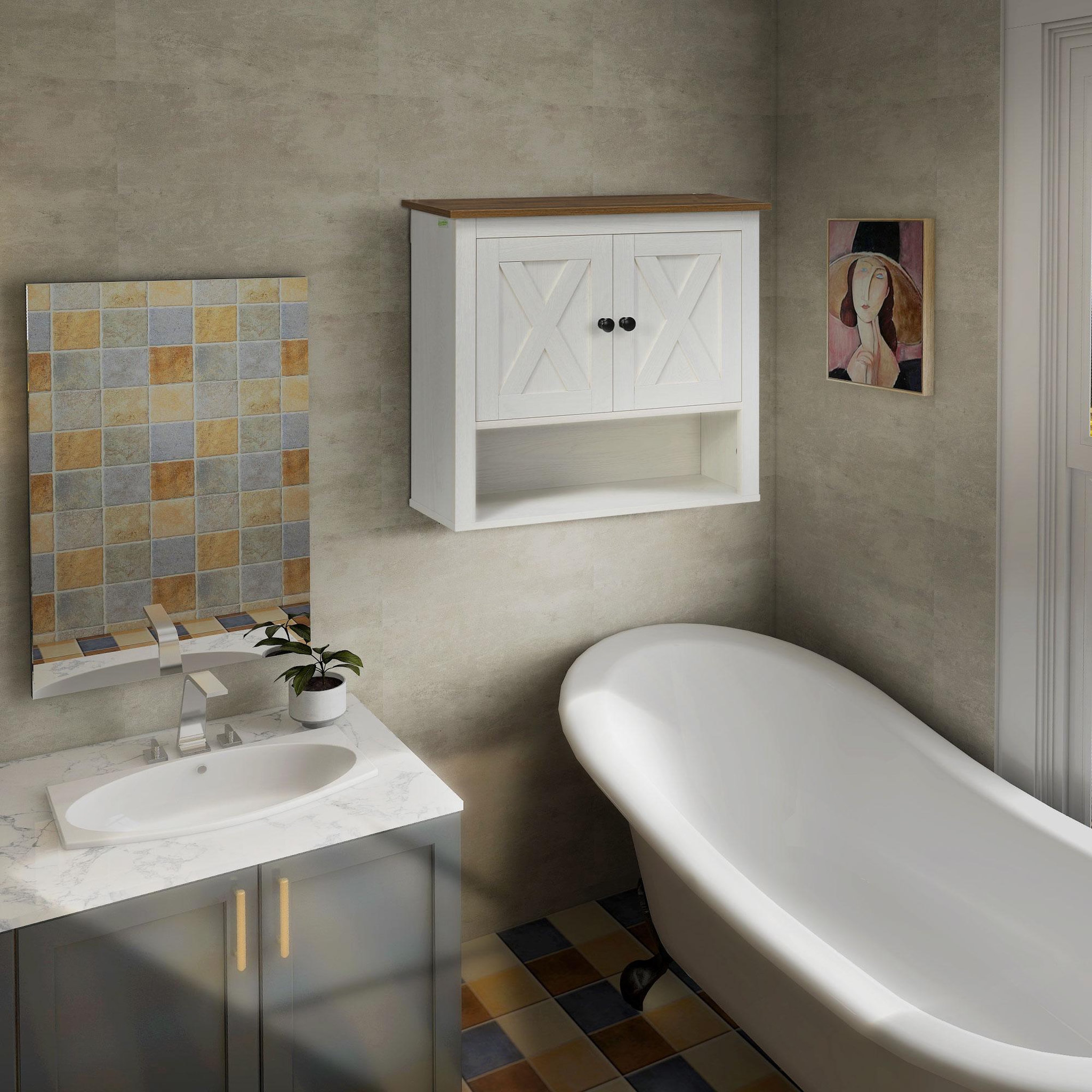 Voir la diapositive 4 : KLEANKIN Armoire murale salle de bain style rustique chic - 2 portes, étagère, niche - effet bois noyer écru