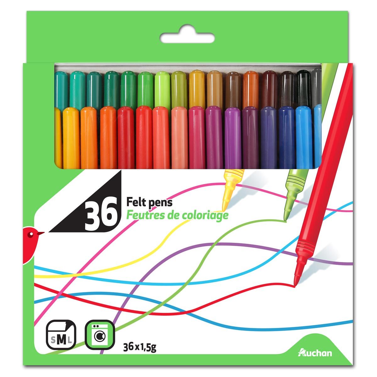 AUCHAN  Boite de 36 feutres de coloriage pointe moyenne