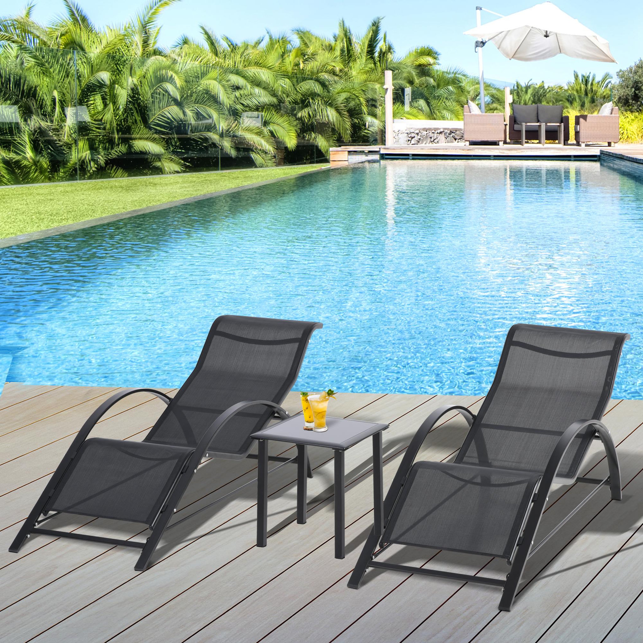Voir la diapositive 2 : OUTSUNNY Lot de 2 bains de soleil design contemporain table basse plateau verre trempé métal époxy textilène noir