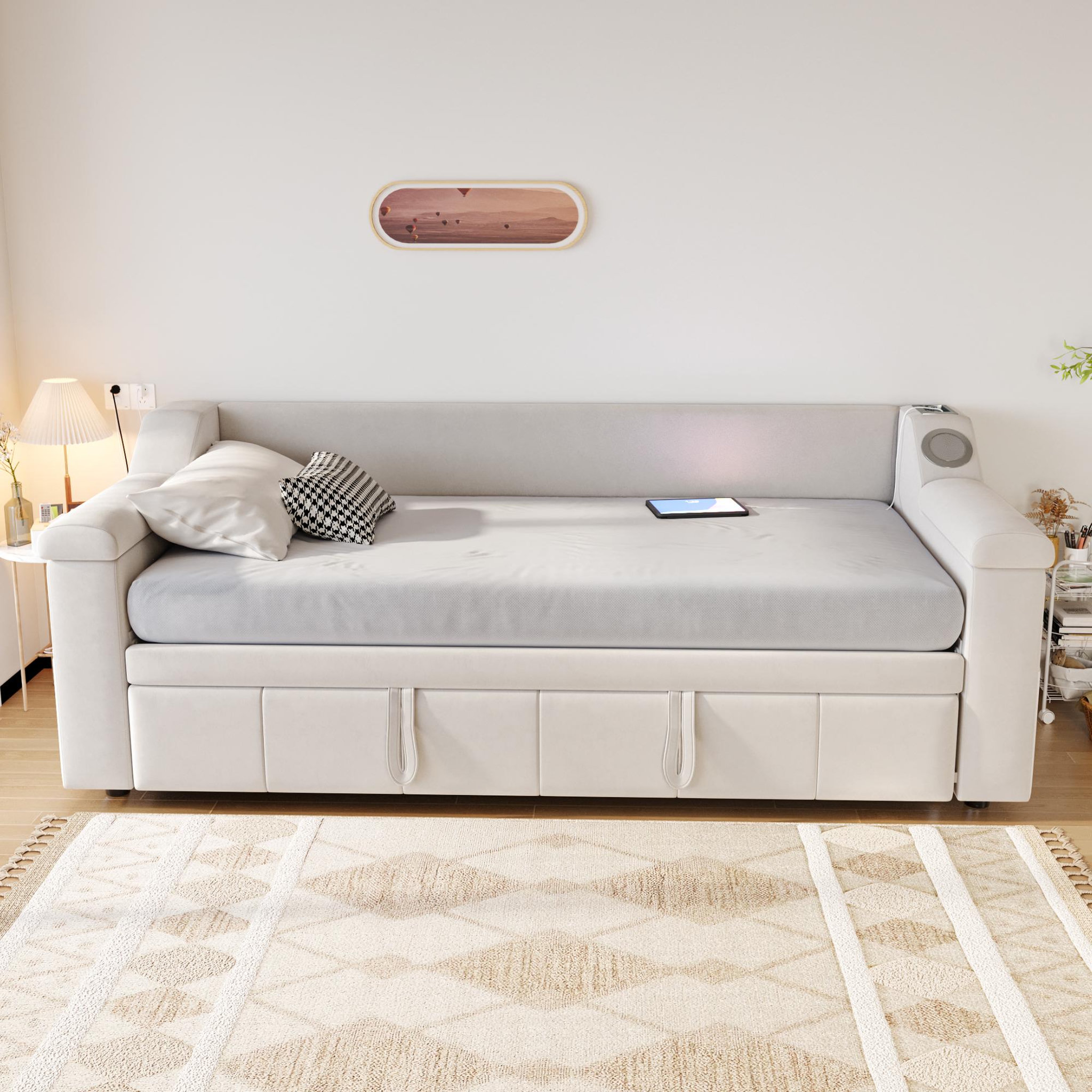 Voir la diapositive 4 : MERAX Lit banquette gigogne rembourré 90x190(180x190)cm