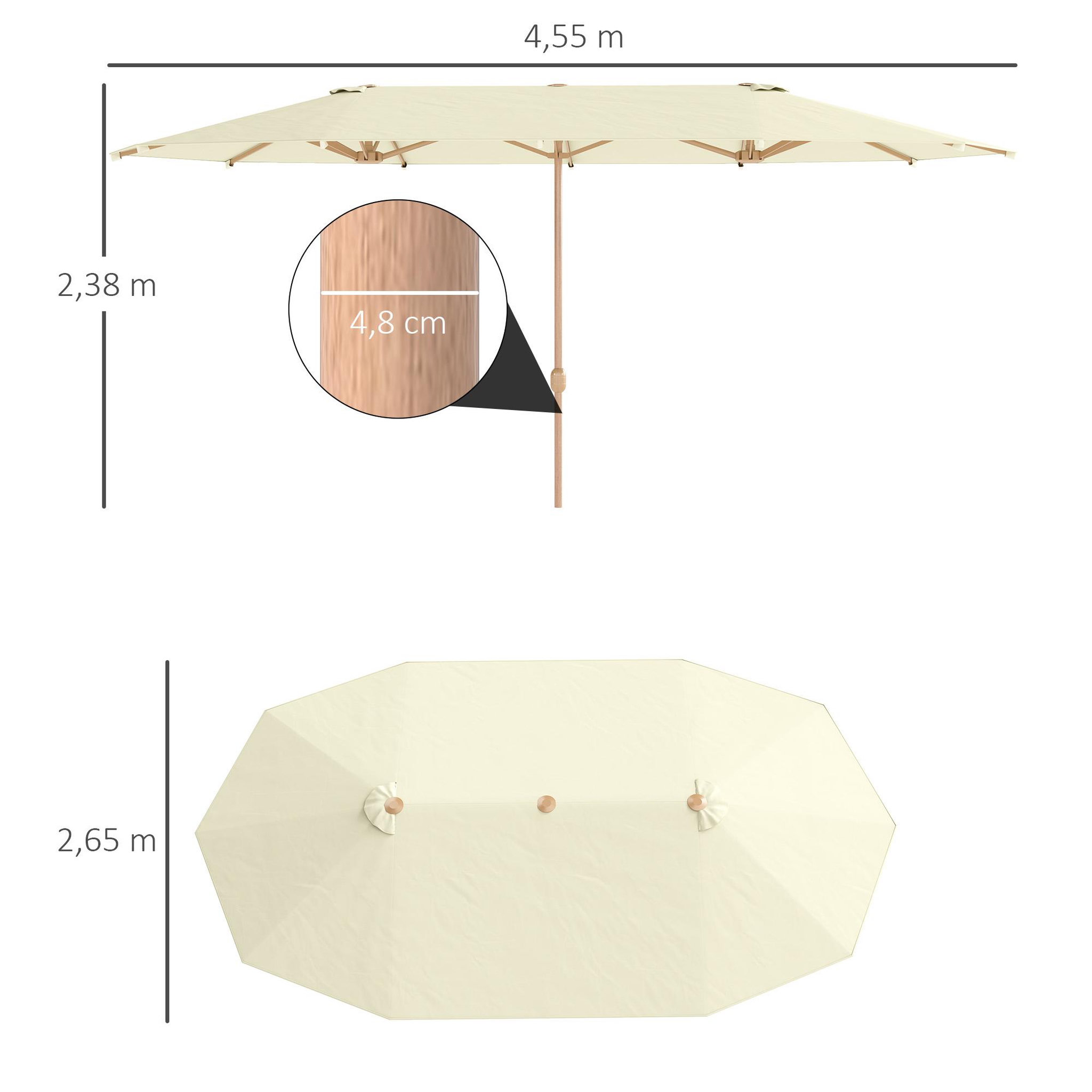 Voir la diapositive 3 : OUTSUNNY Parasol de jardin style exotique XXL dim. 455 x 265 cm ouverture fermeture manivelle acier effet bois tissu beige clair