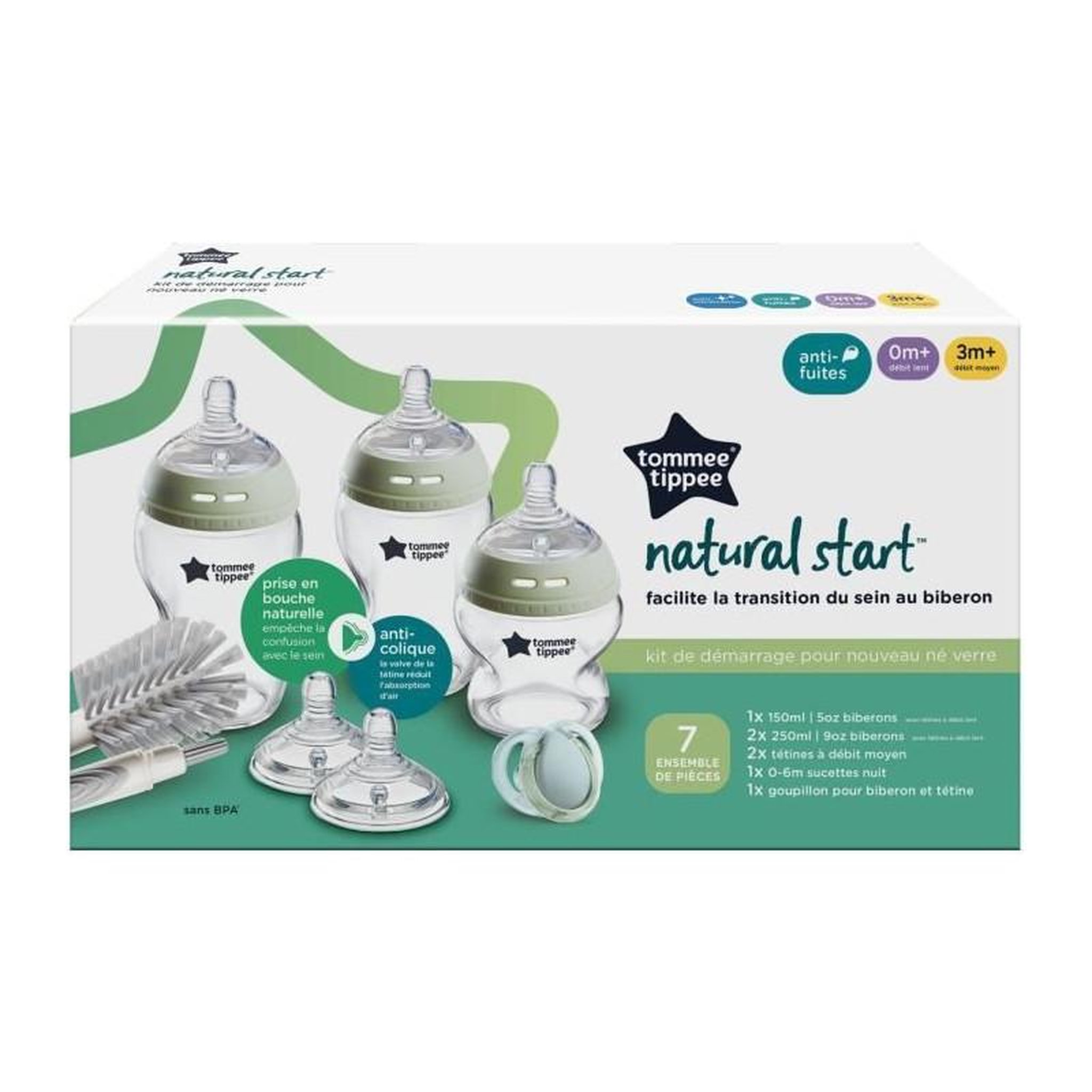 Voir la diapositive 2 : TOMMEE TIPPEE Coffret biberons - TOMMEE TIPPEE - NATURAL START - En verre - Biberons anti-colique 150 ml / 250 ml - Tétines a débit moyen