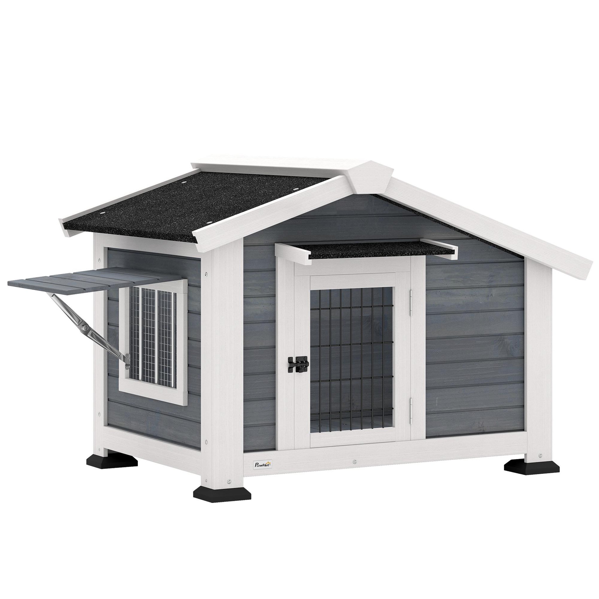 PAWHUT Niche chien bois sur pieds - porte verrouillable, fenêtre volet - marquise et toit bitumé