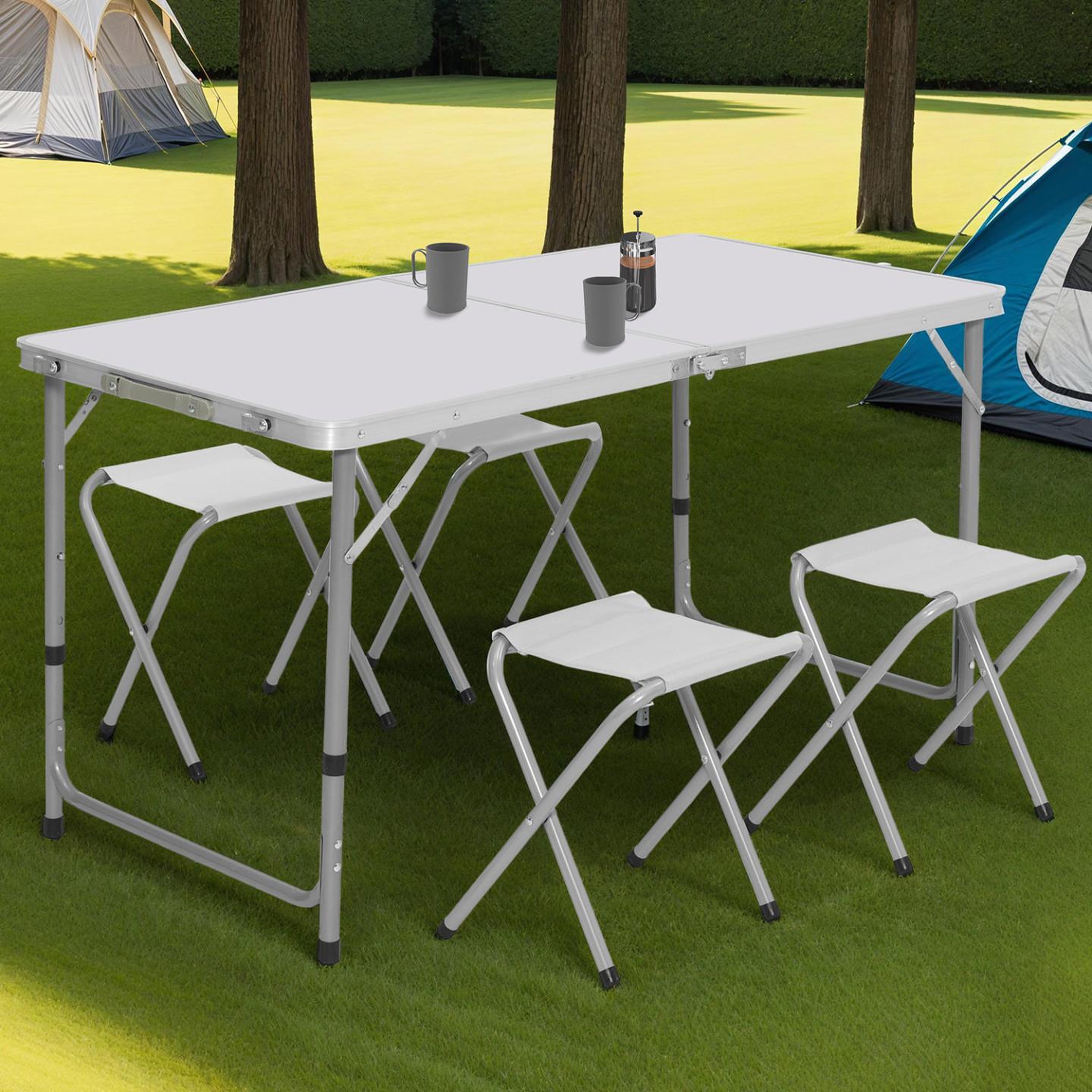 Voir la diapositive 2 : ID MARKET Table de camping pliante d'appoint 120 cm réglable en hauteur et 4 tabourets blancs