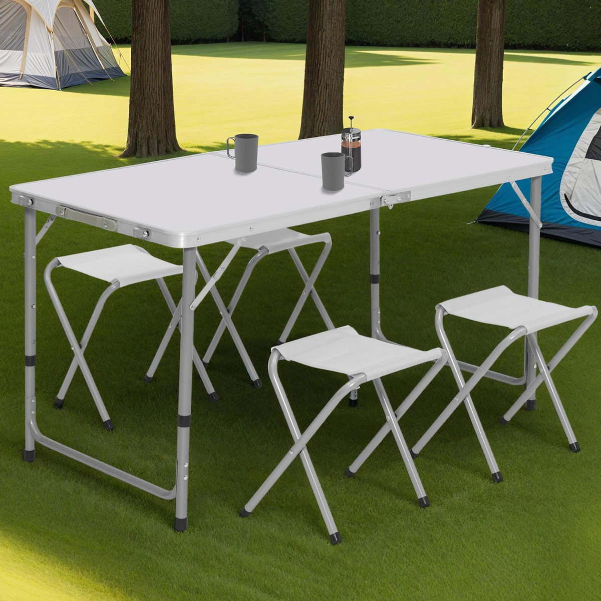 ID MARKET Table de camping pliante réglable en hauteur 120 cm et 4 tabourets blanc