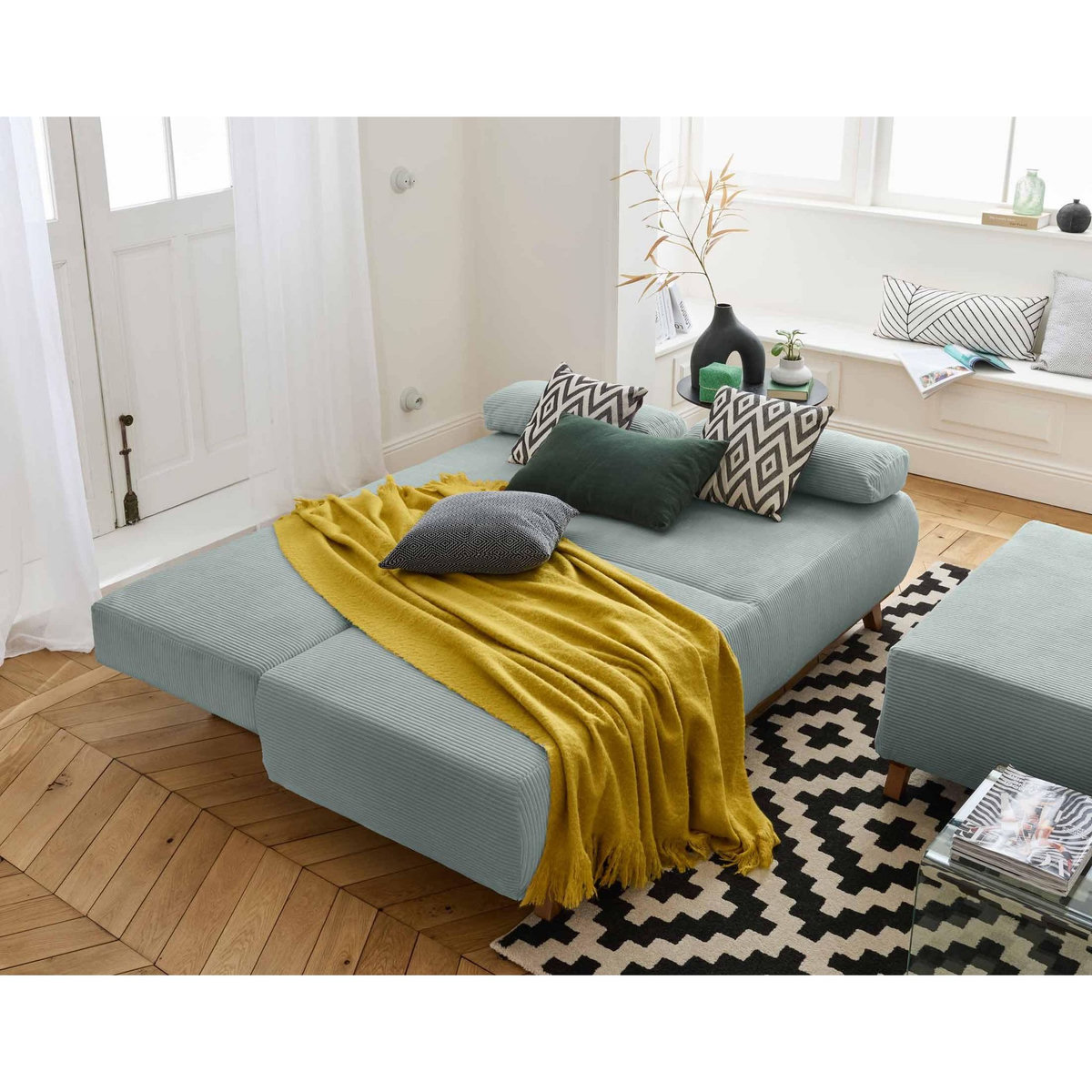 BEST MOBILIER Cristal - canapé 3 places - convertible avec coffre et grand pouf - en velours côtelé