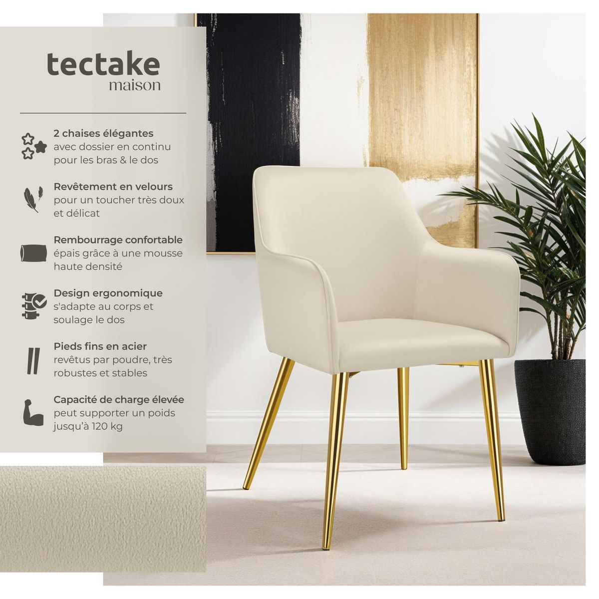 tectake Fauteuil en velours rembourré beige Lot de 2