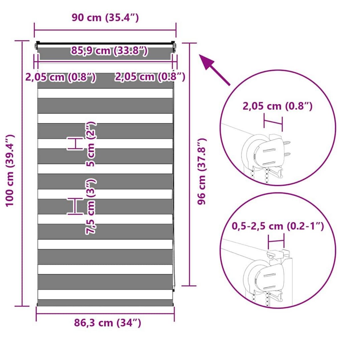 VIDAXL Store zebre gris clair largeur du tissu 85,9 cm polyester