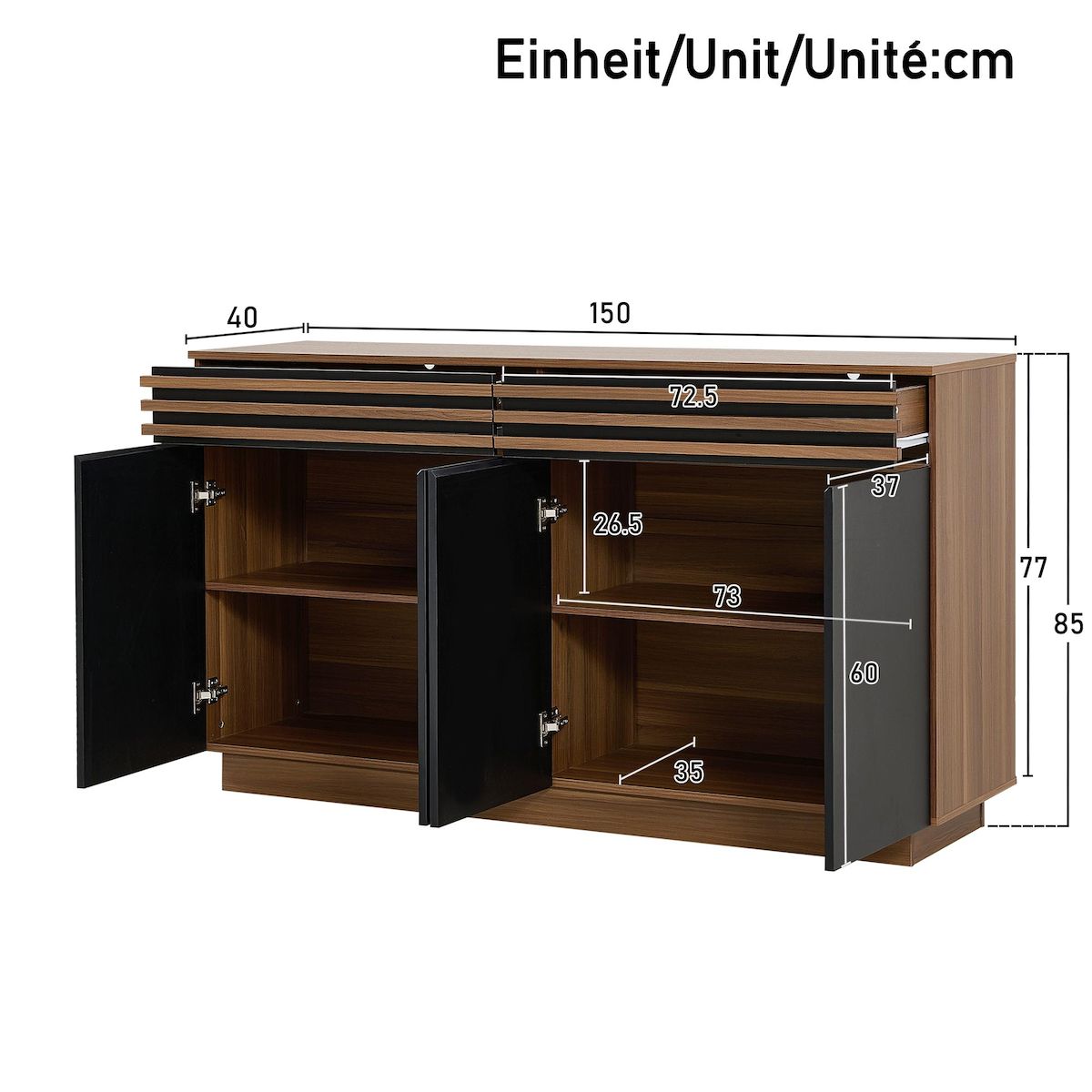 MERAX Buffet 4 porte(s) 2 tiroir(s) - 150 cm marron+noir mdf