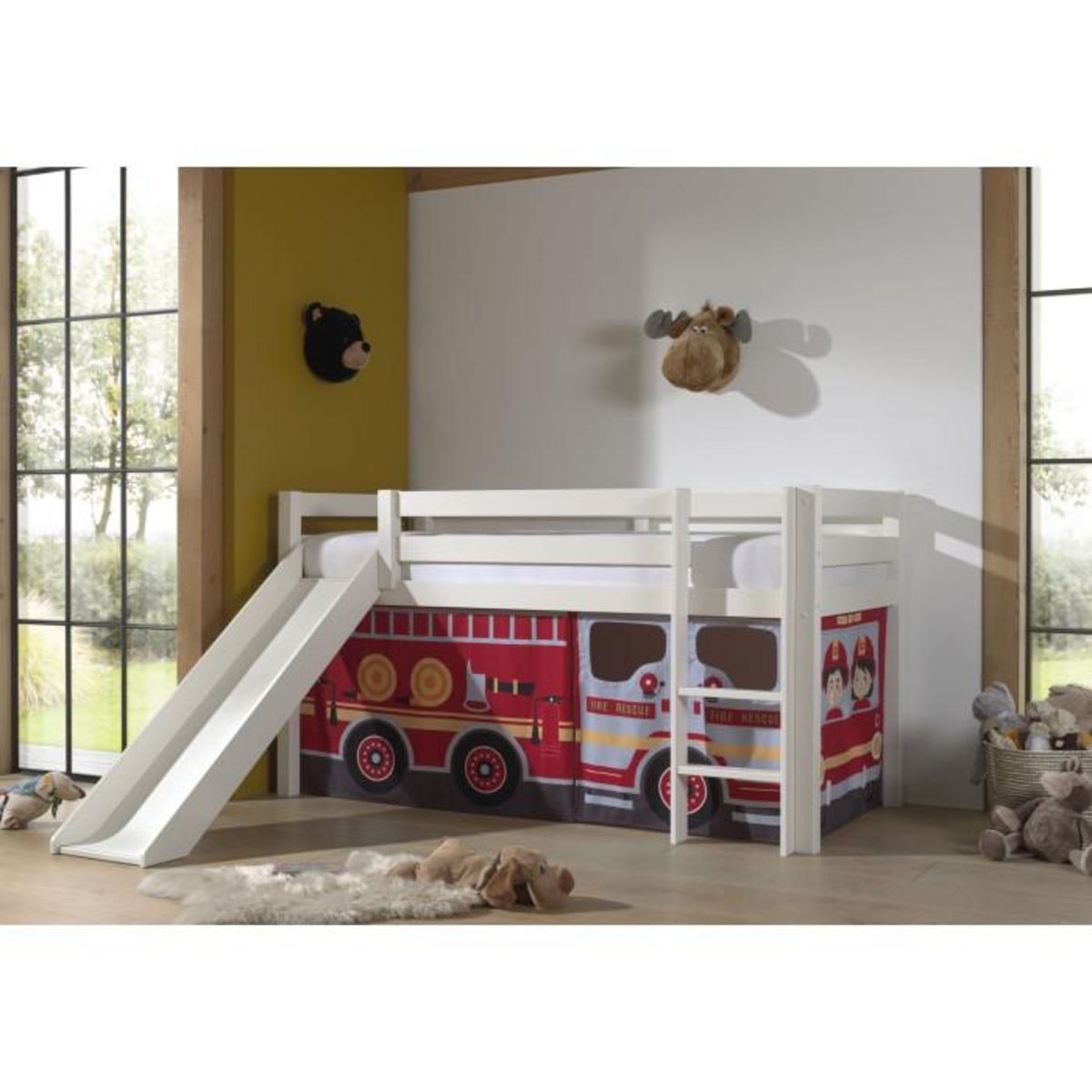 Paris Prix Lit Enfant Surélevé Avec Toboggan  Pino Fire Truck  90x200cm Blanc