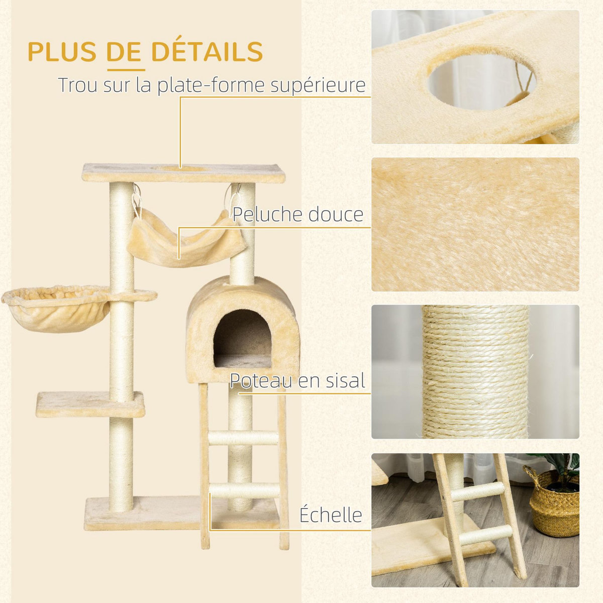 PAWHUT Arbre à chat griffoir arbre à grimper tour de jeu stable à plusieurs niveaux centre d'activités hauteur 98 cm beige