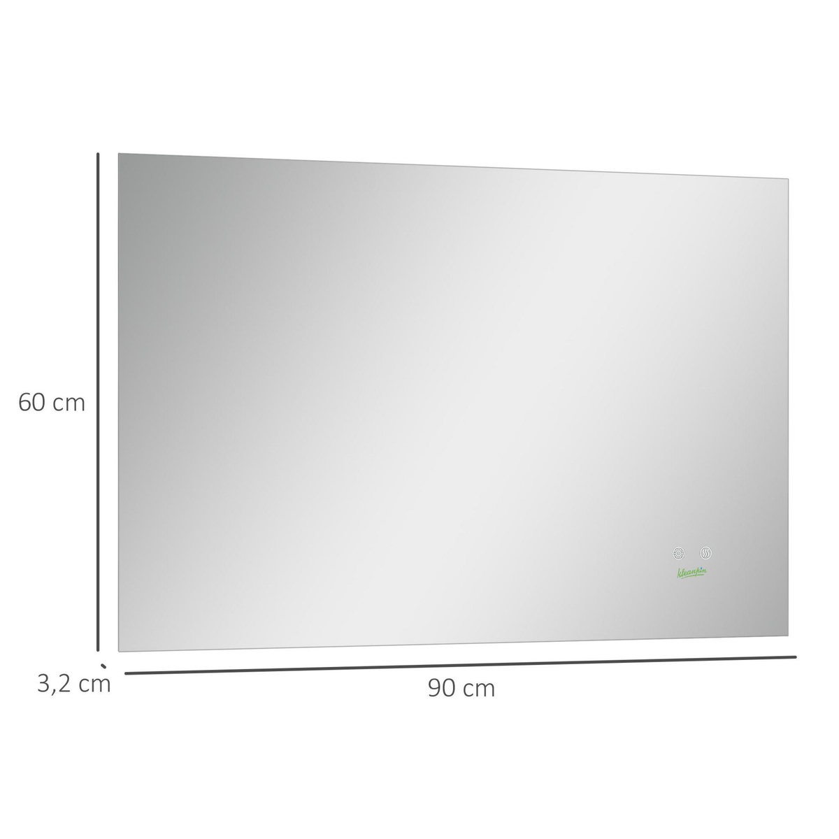 KLEANKIN Miroir salle de bain lumineux LED 42 W - dim. 90L x 3l x 60H cm - fonction anti-buée, interrupteur tactile, luminosité réglable - alu. verre