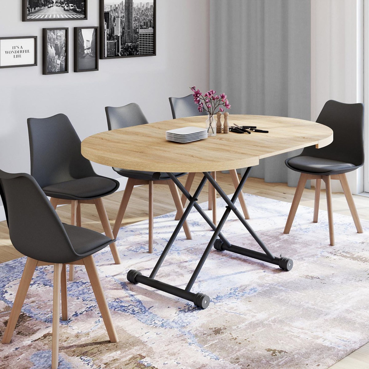 ID MARKET Table basse extensible relevable en table à manger ronde ALTURA plateau façon hêtre pied noir design industriel