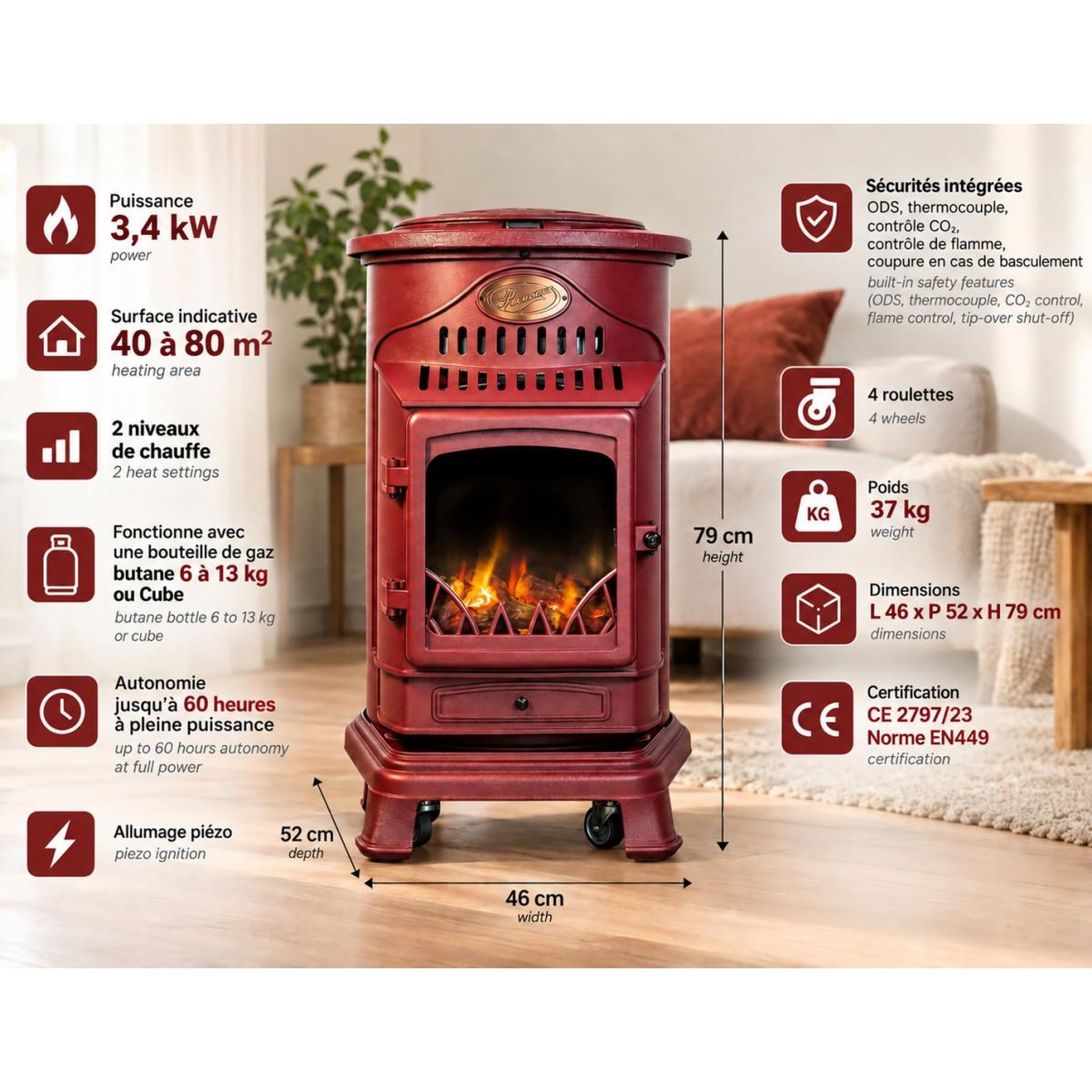 Voir la diapositive 3 : SAHARA Pack de 2 Poêles à gaz Rouge Provence en fonte 3,4KW Effet feu de bois Chauffage d'appoint gaz sur roues Sahara