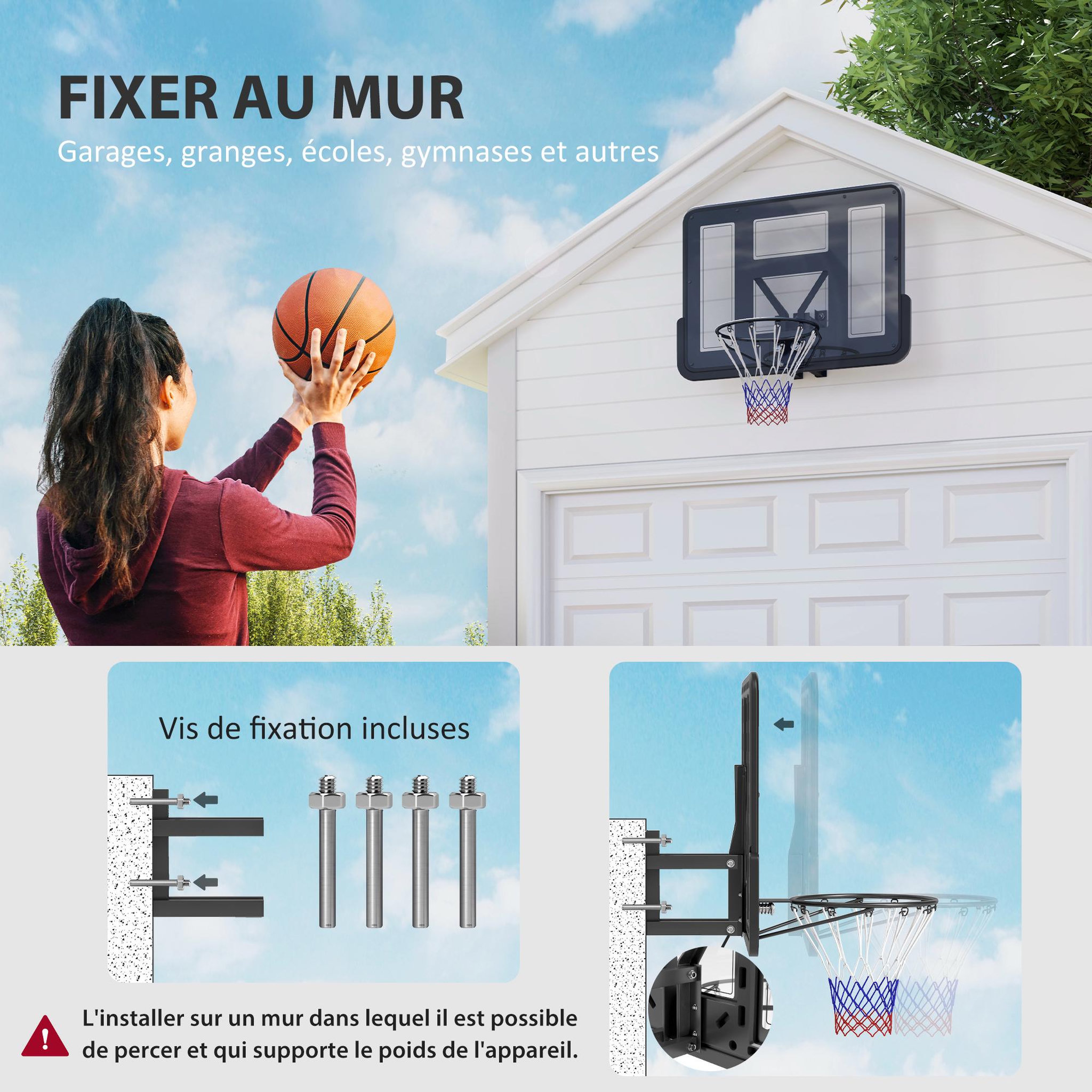 Voir la diapositive 4 : HOMCOM Panier de basket-ball mural - kit fixation murale inclus - acier pvc noir