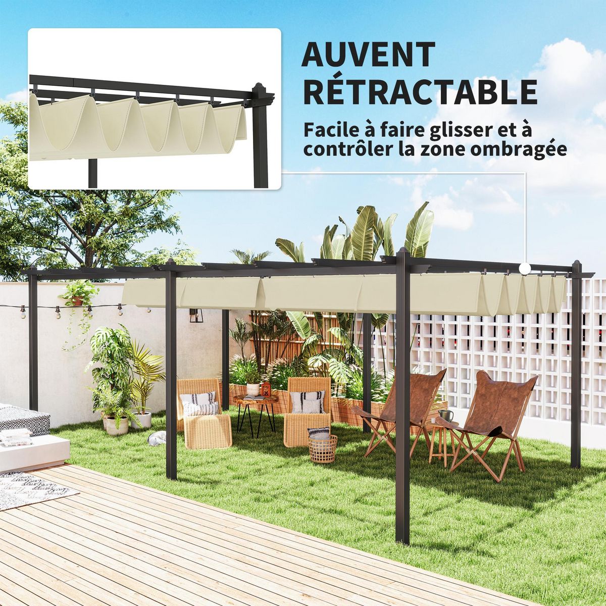 OUTSUNNY Pergola rétractable dim. 5,97L x 3,58l x 2,23H m structure robuste alu toile polyester haute densité 180 g/m² incluse beige clair