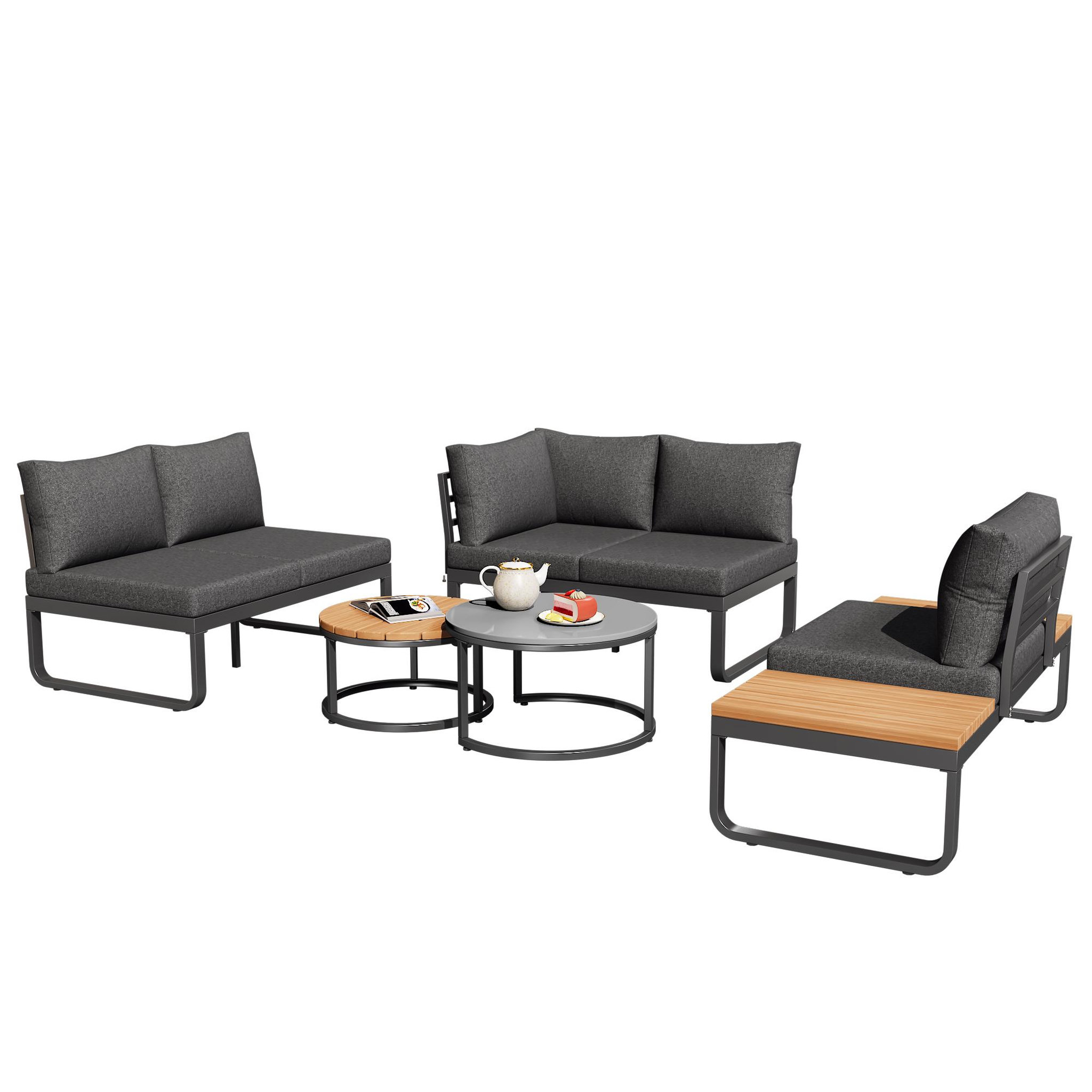 MERAX Salon de jardin 5 places en fer avec 2 tables empilables, pieds réglables, coussins, gris