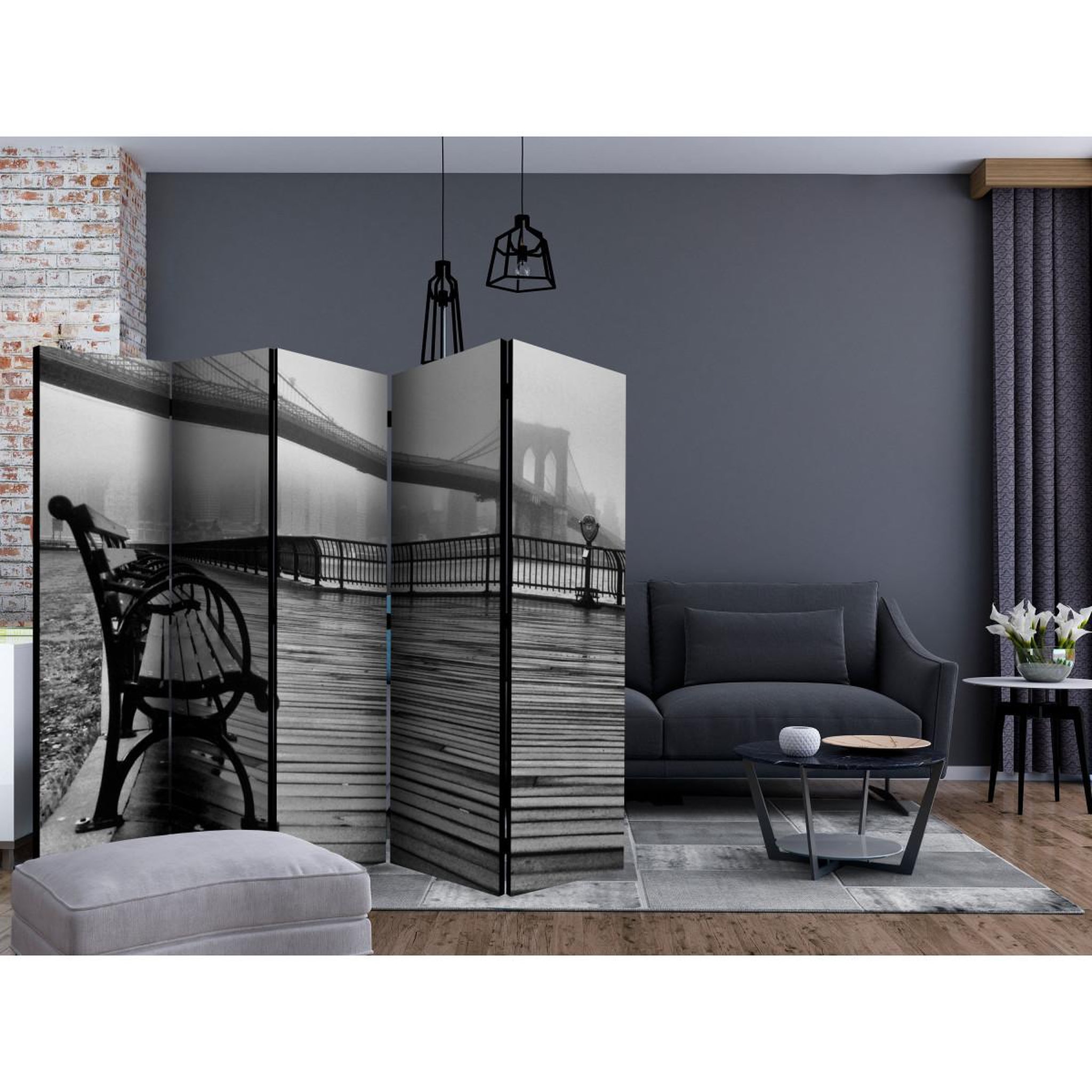 Voir la diapositive 2 : Paris Prix Paravent 5 volets  a foggy day on the brooklyn bridge  172x225cm