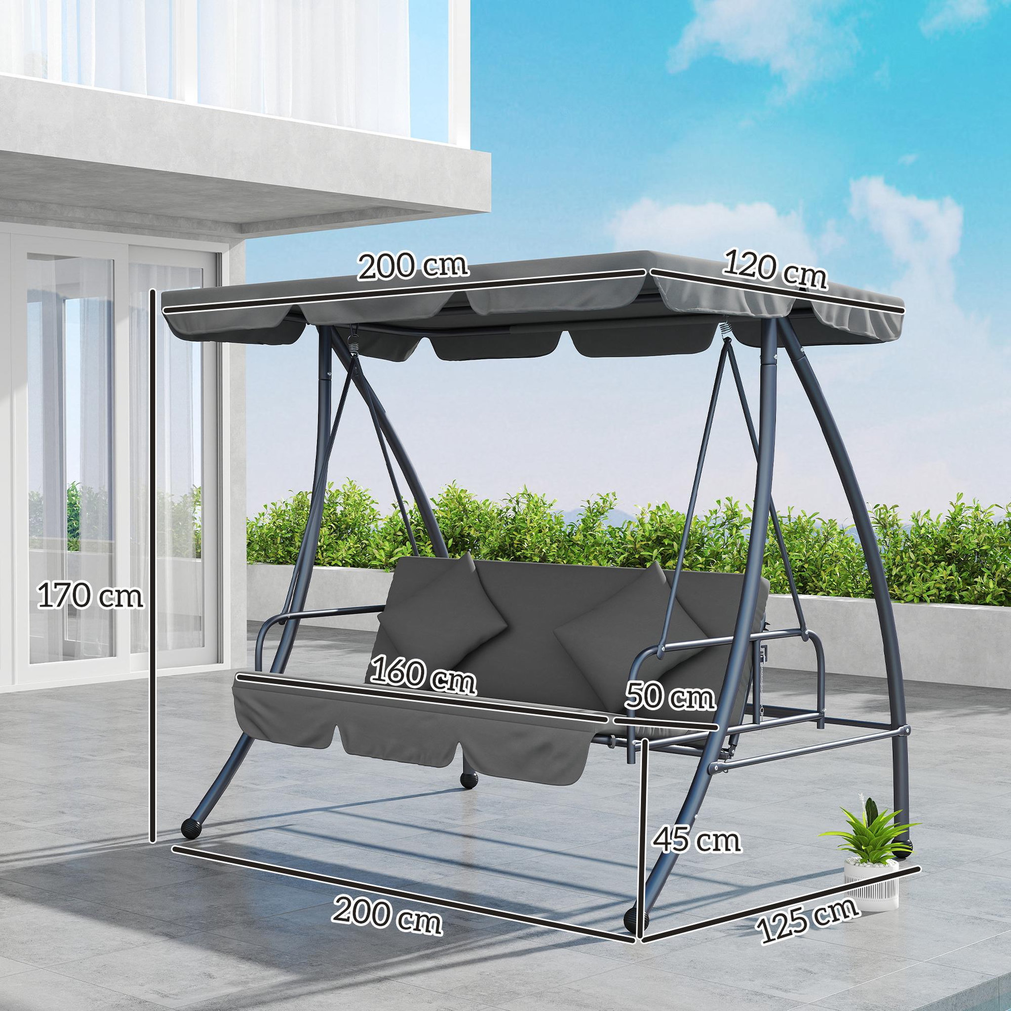 Voir la diapositive 3 : OUTSUNNY Balancelle de jardin convertible 3 places grand confort inclinaison toit réglable matelas fourni métal polyester gris clair